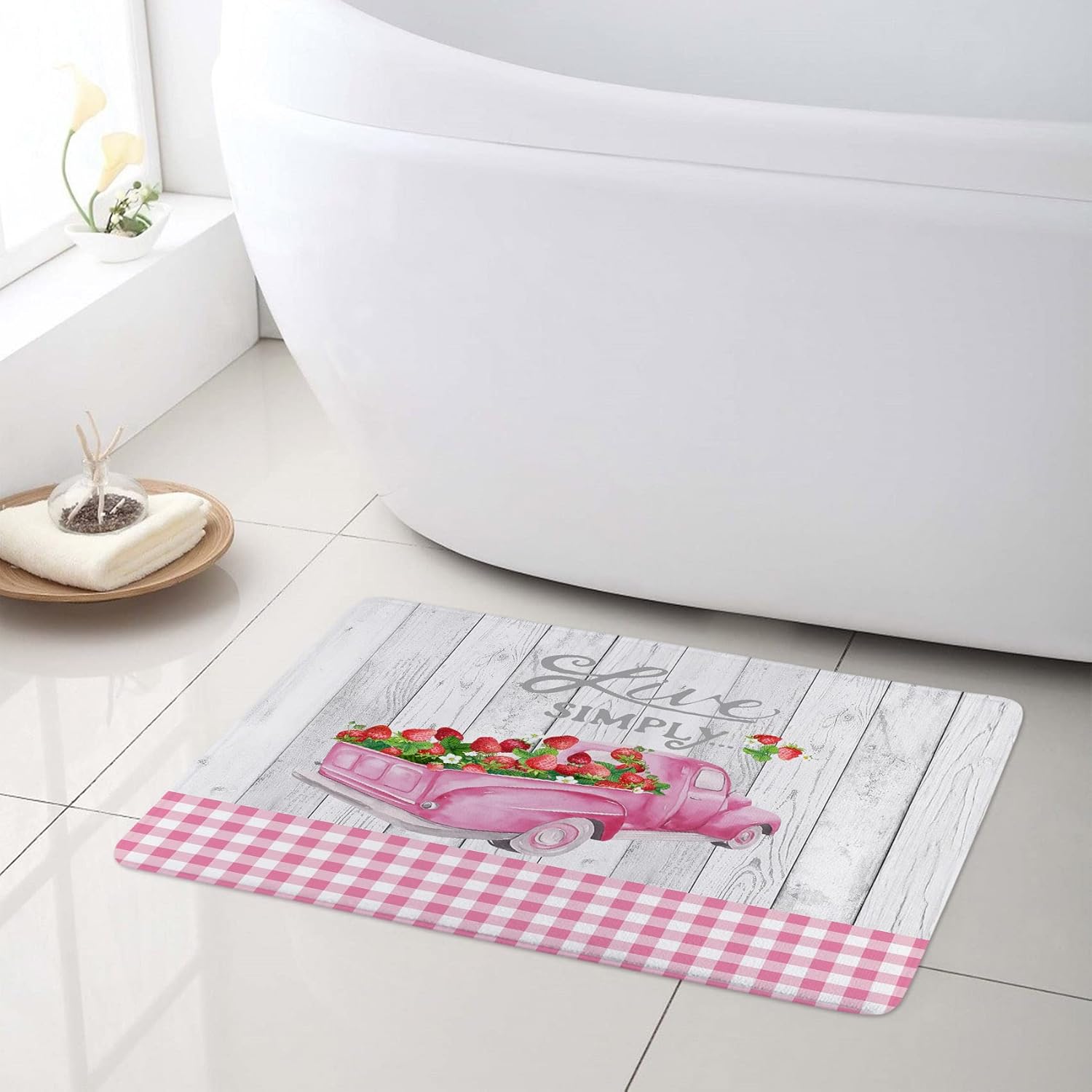 EOBTAIN Farmhouse Strawberry Shower Curtain Set Rustic Vintage Truck on Wooden Board Fabric Bathroom Curtains Shower Set Pink and White Plaid Bathroom Sets with Shower Curtain and Rugs 69x70 Inch