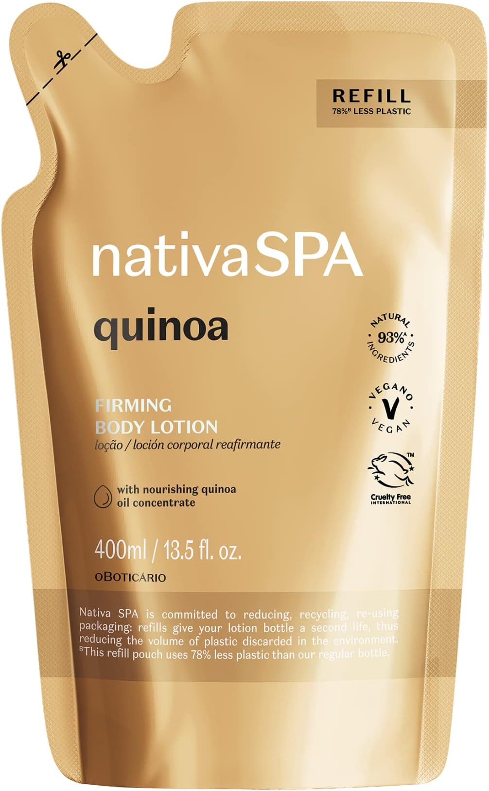 Nativa SPA by O Boticário, Quinoa Moisturizing Body Lotion Refill Pack, Fragranced Moisturizer Enriched with Purified Quinoa Drops to Boost Hydration, 13.5 Ounce