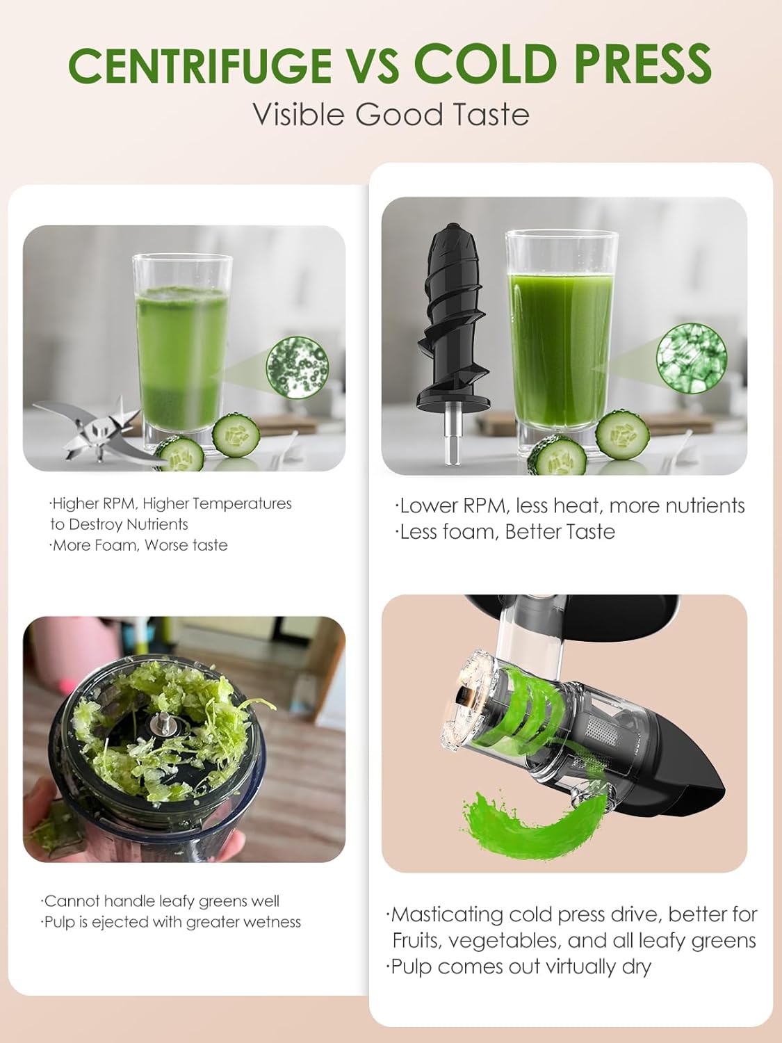Slow Masticating Juicer for Fruits & Vegetables, Cold Press Juice Wheatgrass Celery Green Leafy Juicer with Quiet Motor Reverse Function, High Juice Yield Juicer Extractor BPA-Free Dishwasher Safe