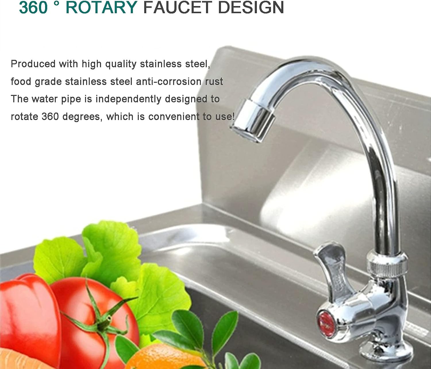 Whole Steel 304 Stainless Steel Sink Workstation Ledge - Single Bowl Kitchen Sink, Water Faucet 360 ° Rotation - for Restaurant, Bar, Garage, Laundry Room, Shop, Utility Room Etc ( Size : 60X60CM )