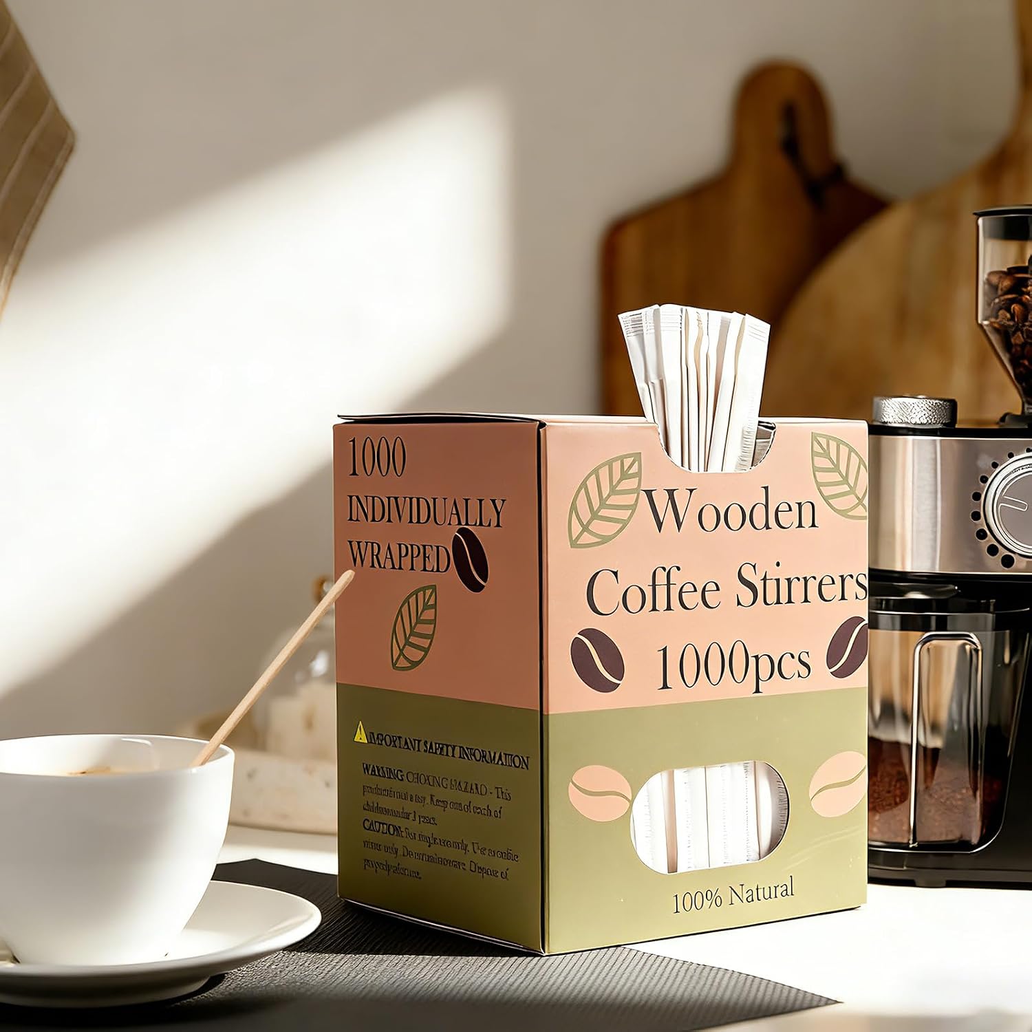Coffee Stirrers 1000 Count Wooden Coffee Stir Sticks 5.5 Inch Individually Wrapped Wooden Stirrers Reusable Drink Mixer Stick Eco-Friendly Stir Sticks for Hot Cold Drinks Perfect for (Boxed 1000pcs)