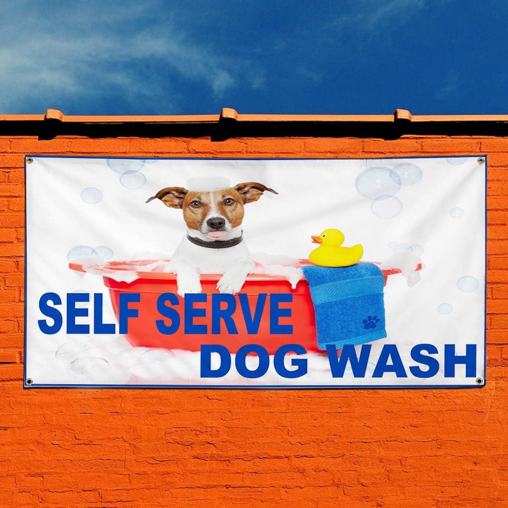 Vinyl Banner Sign Self Serve Dog Wash Business Self Serve Marketing Advertising Blue - 24inx36in, 4 Grommets, One Banner