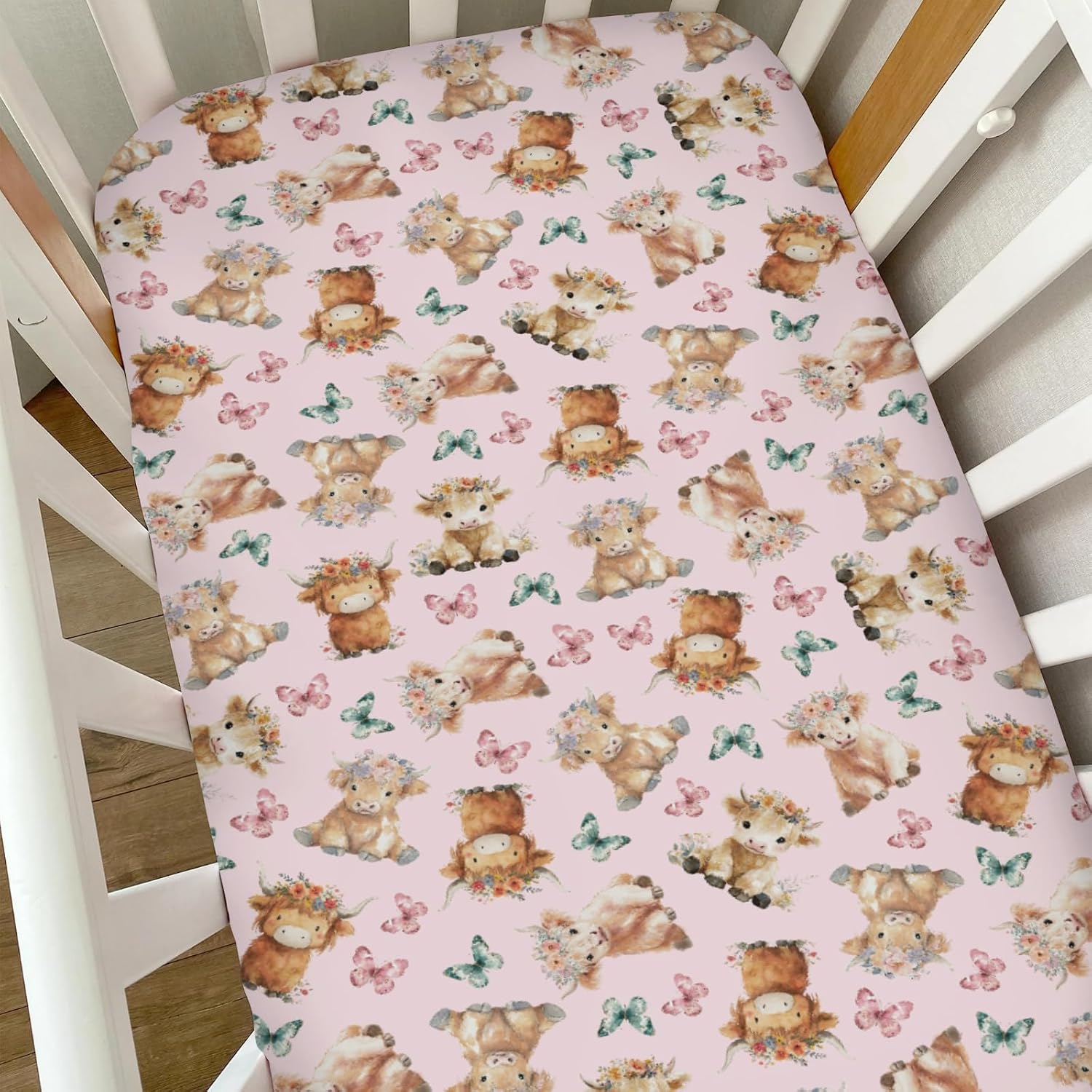 Baby Highland Cow Floral Crib Sheets for Boy Girl Boho Cows Flowers Butterflies Soft Snug Fitted Crib Mattress Covers for 52''x28'' Standard Crib & Toddler Mattress Western Farm Animal Bed Sheets
