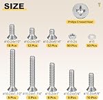 METALLIXITY Phillips Countersunk Ensemble d'assortiment pour écrous à boulon (#10-24) 170Pcs, Kit à vis en acier inoxydable à tête plate avec rondelles plates - pour Fasten en métal intérieur, Argent