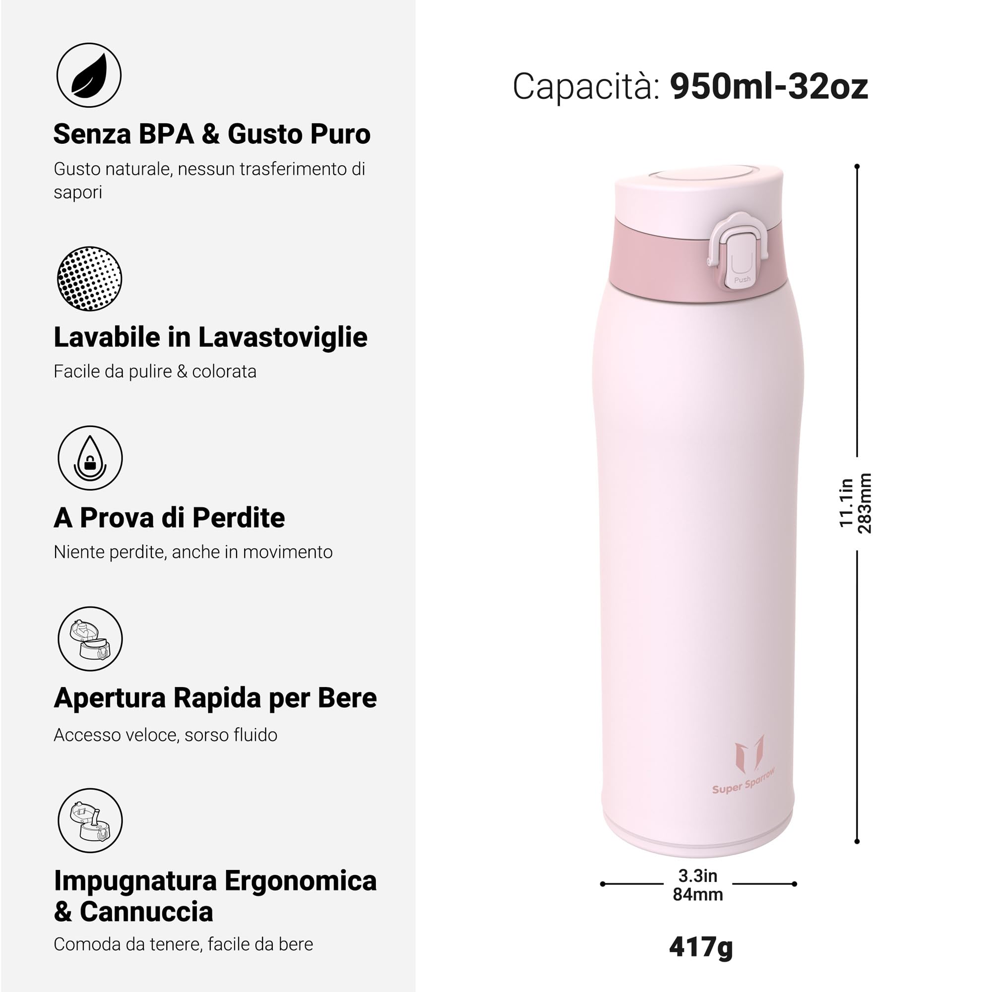 Super Sparrow Borraccia Termica, Acciaio Inox Bottiglia Termica - 350ml, 500ml, 750ml, 950ml - Senza BPA Termos, Borracce Termiche Bambini - Include 2 Coperchi con Cannuccia e Coperchio Sportivo