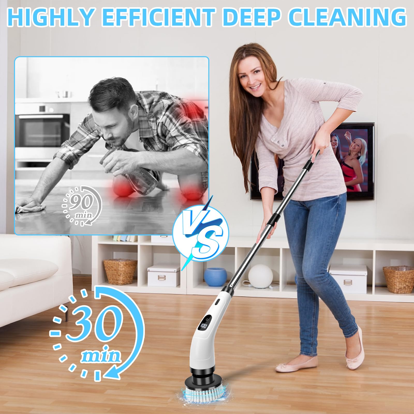 Brosse électrique Nettoyage Rotative, Brosse de Douche avec 8 Têtes de Brosses Remplaçables, Electric Spin Scrubber, Manche Extensible, 2 Vitesses, étanche IPX7, pour Salle de Bain Cuisine Voiture