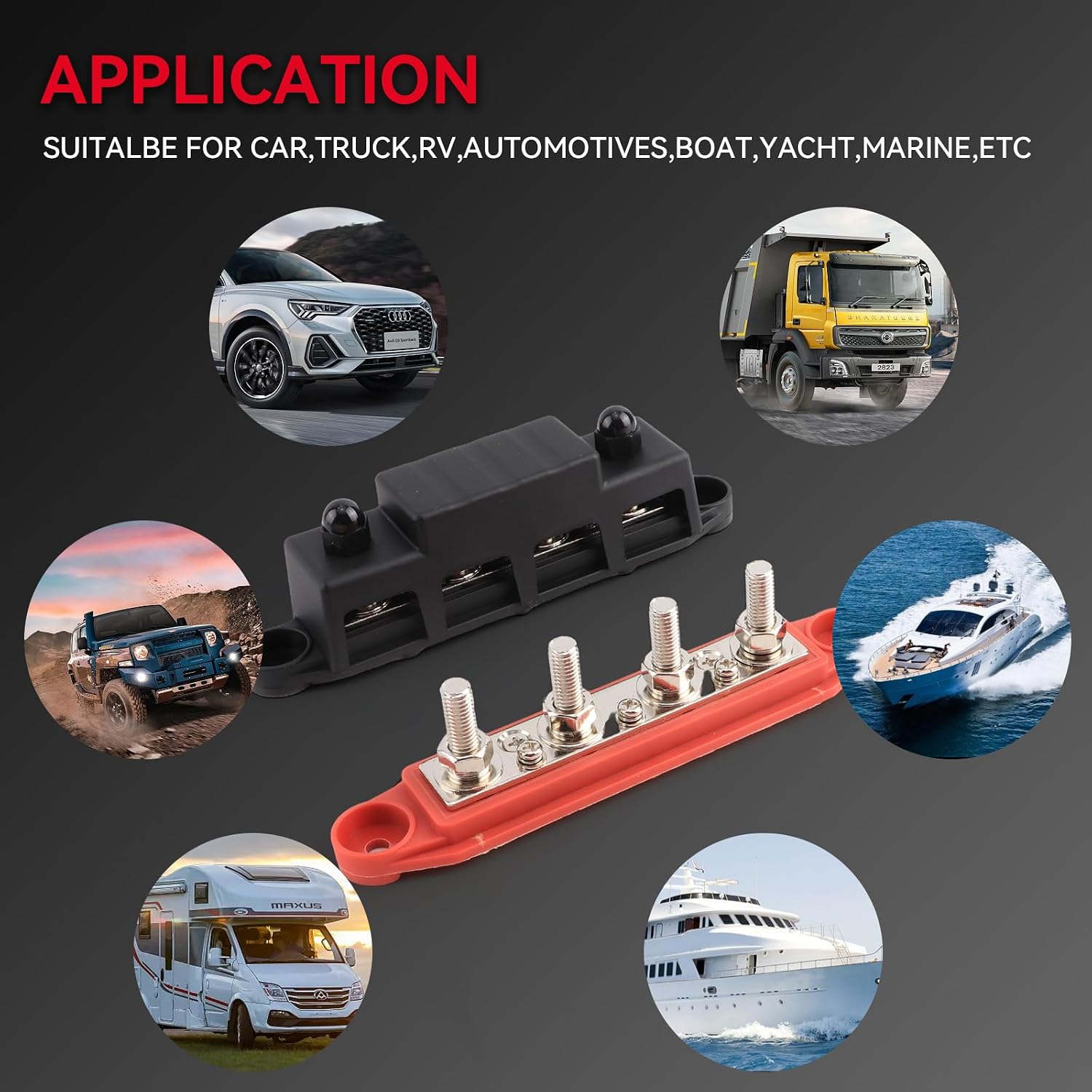 DaRui Power Distribution Block Bus Bar 3/8'' M10 Terminal Stud 4 Post with Cover 250 Amp Rating for Marine Automotive and Solar Wiring RV Boat (250A, 3/8'', Red+Black)