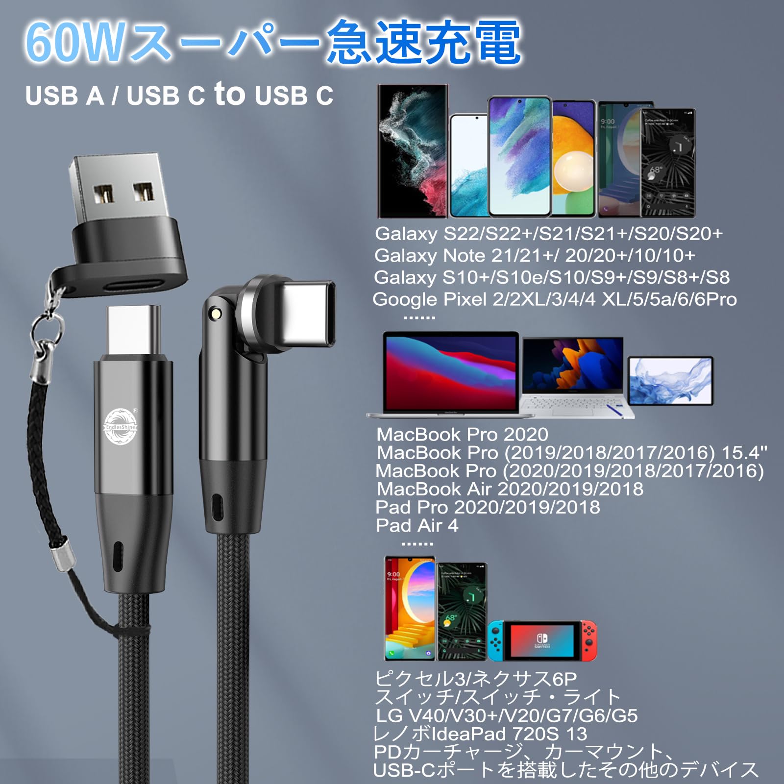 Amazon.co.jp: EndlesShine USB Type C ケーブル,540°回転60W 3A PD 