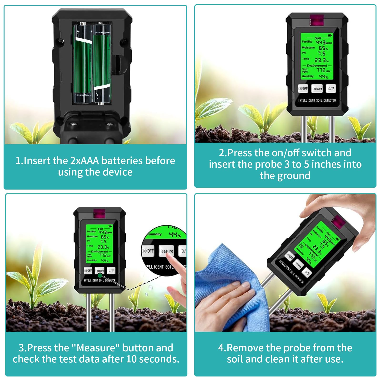 Medidor de Suelo 6 en 1, Medidor de Fertilidad del Suelo, Humedad, PH, Temperatura, Luz Solar y Humedad Ambiental, para Jardinería, Granja, Césped y Plantas en Macetas
