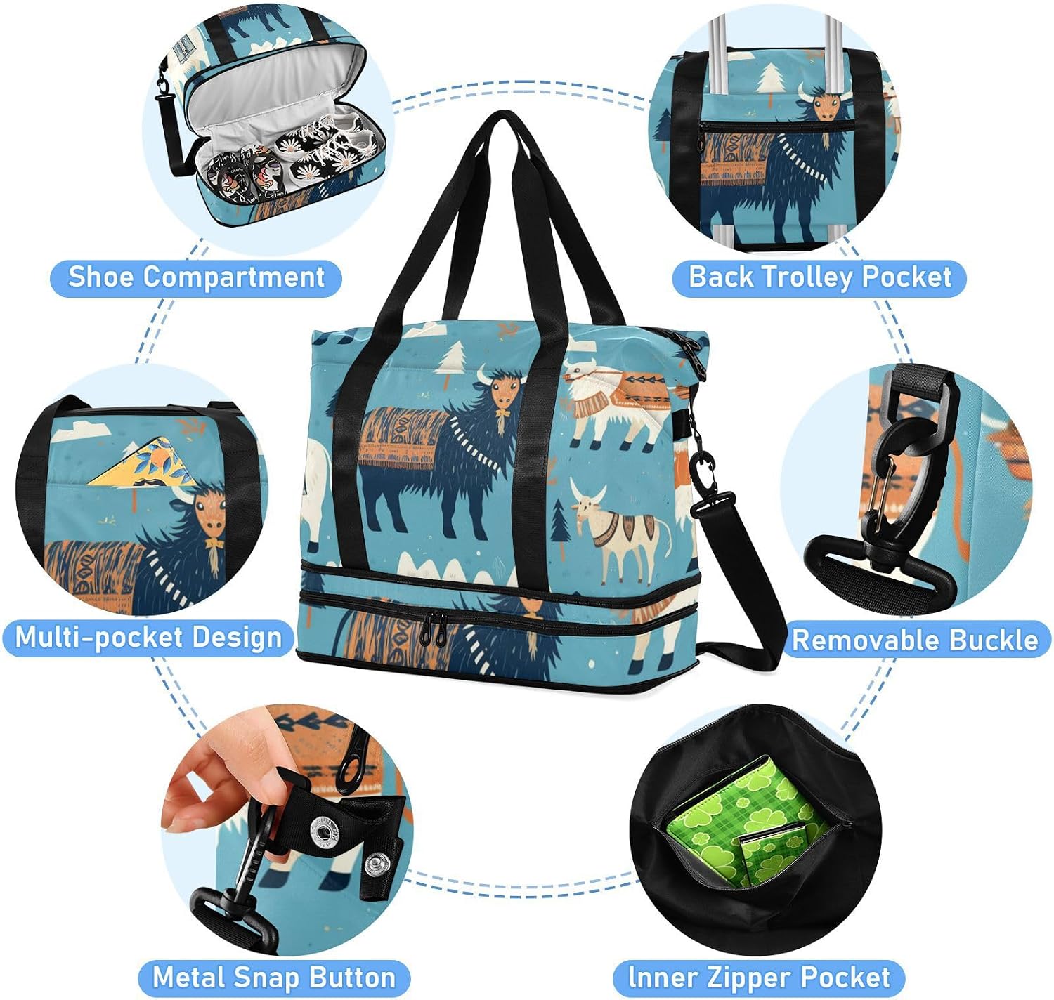 Indian Style Cow Sheep Gym Tote Bag Weekend Bag with Toiletry Bag for Trekking Waterproof