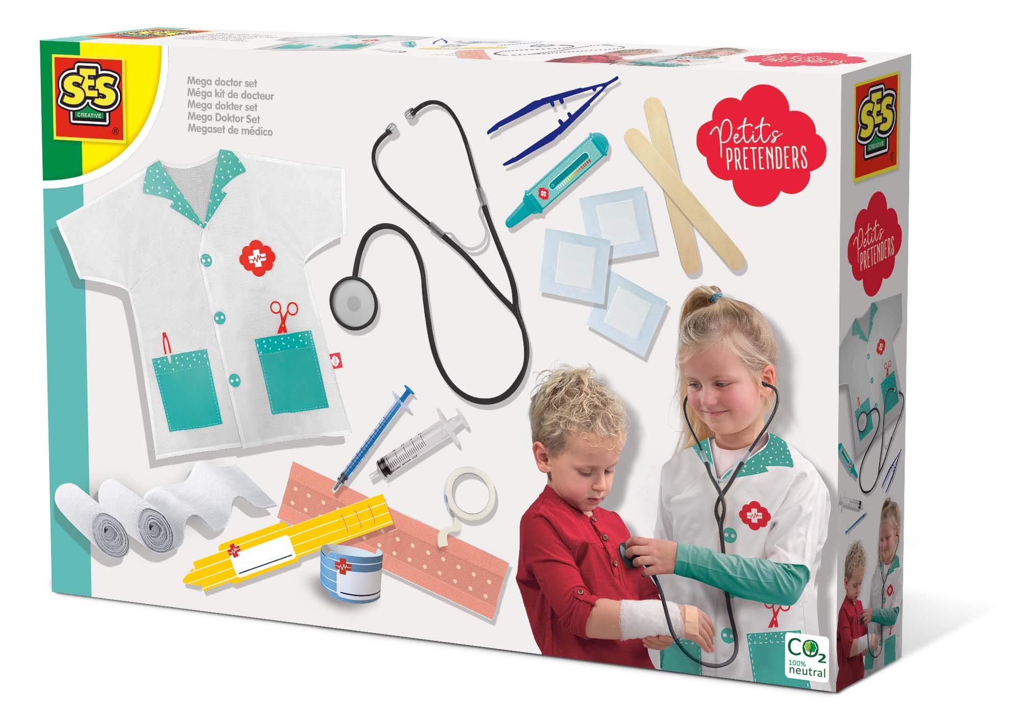 SES Creative Mega Doctor Set - Pretend Play Medical Kit for Kids - Includes Doctor's Coat, Stethoscope, Thermometer, and More - Recommended for Ages 3+