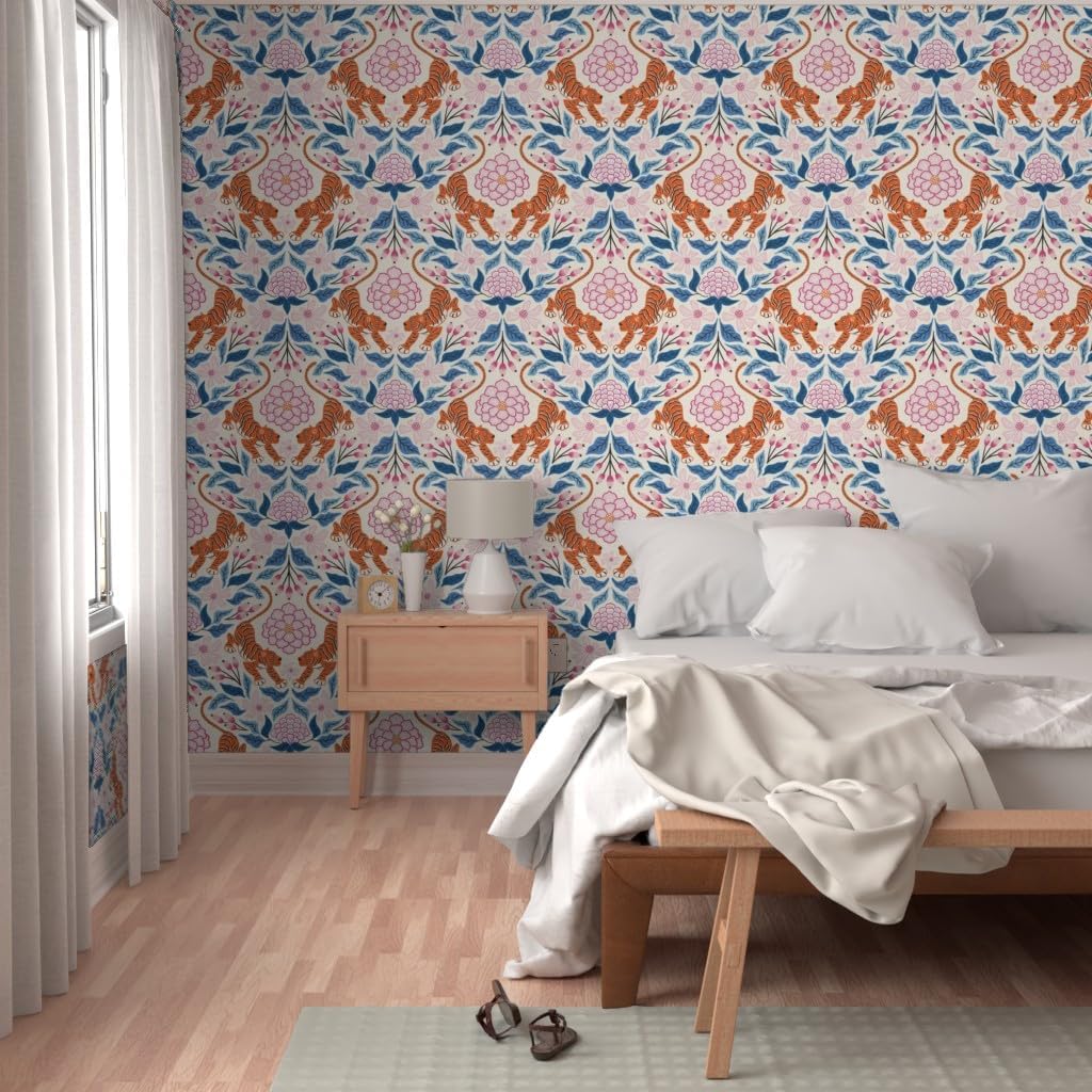 Peel & Stick Wallpaper 3ft x 2ft - Maximalist Tropical Jungle Damask Exotic Botanical Floral Tiger Pink Blue Custom Removable Wallpaper by Spoonflower