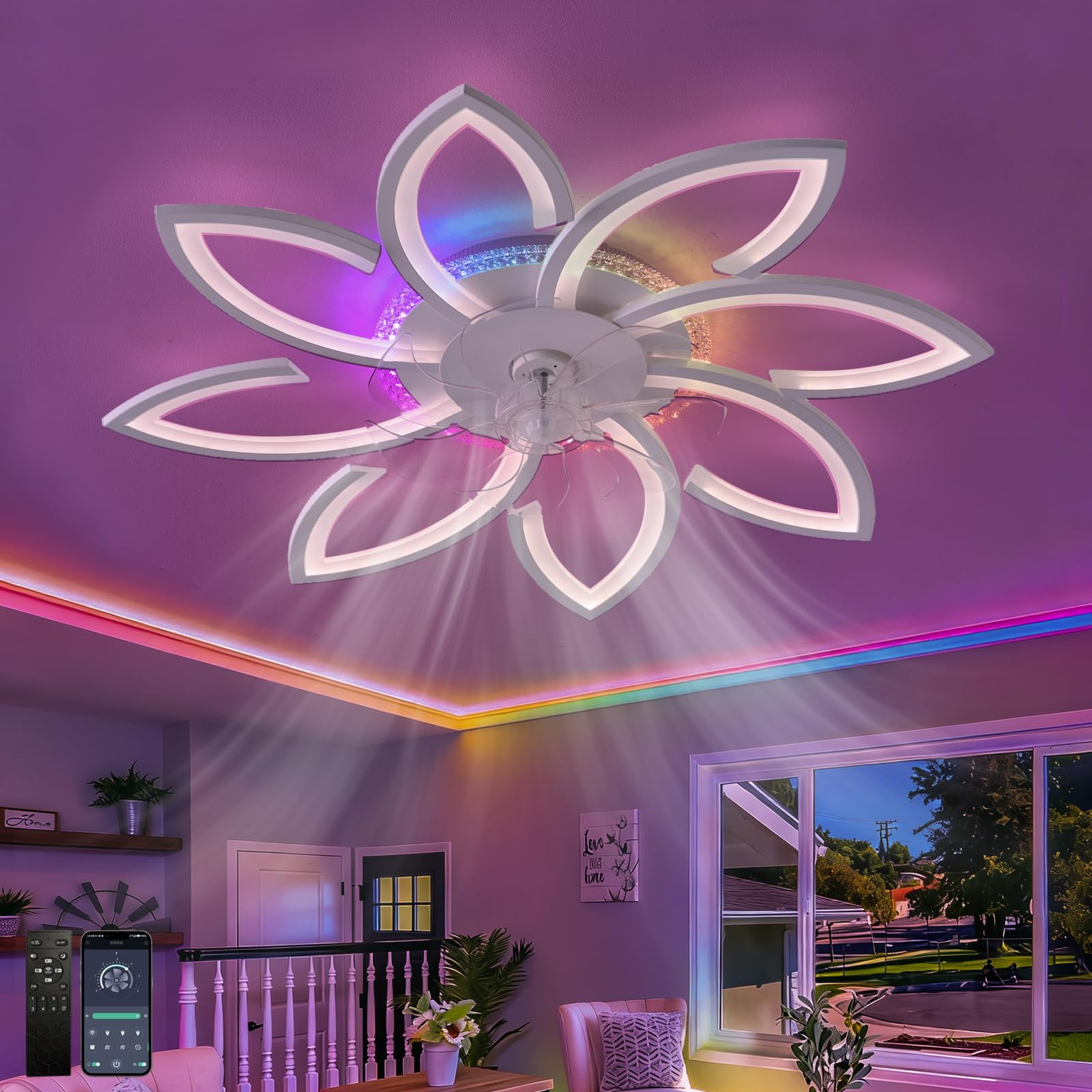 Fachae RGB Ceiling Fan with Lights and Remote Control Reversible Quiet DC Motor Bedroom Fan Light LED Dimmable Living Room White Modern Flower Ceiling Fan Designs,6 Lights,6 Speed,Memory Function