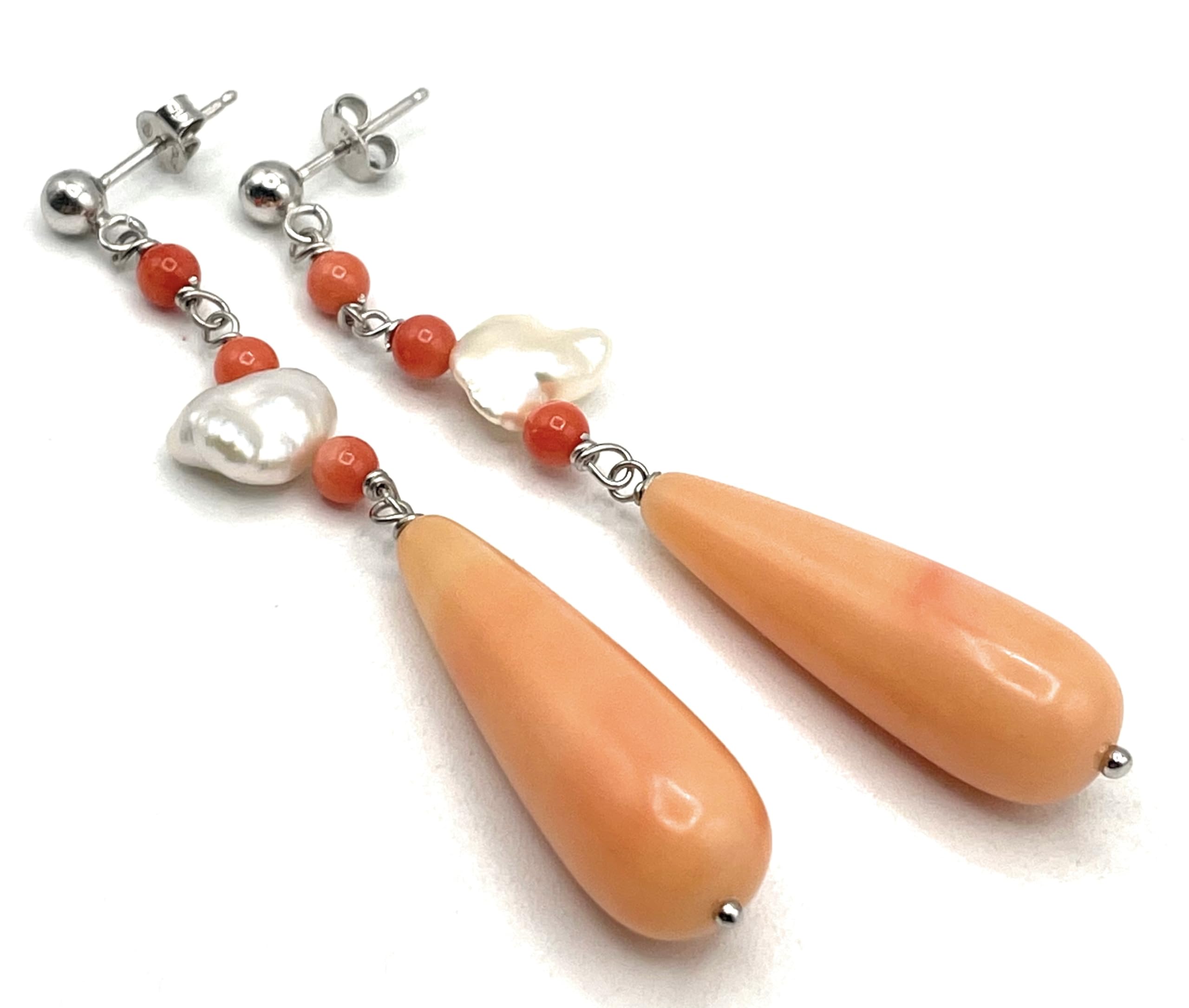 Orecchini Corallo Rosa e Perle Keshi, Pendenti in Argento 925 Made in Italy, Gioielli Pietre Naturali, Bijoux Artigianali, Regalo per Lei