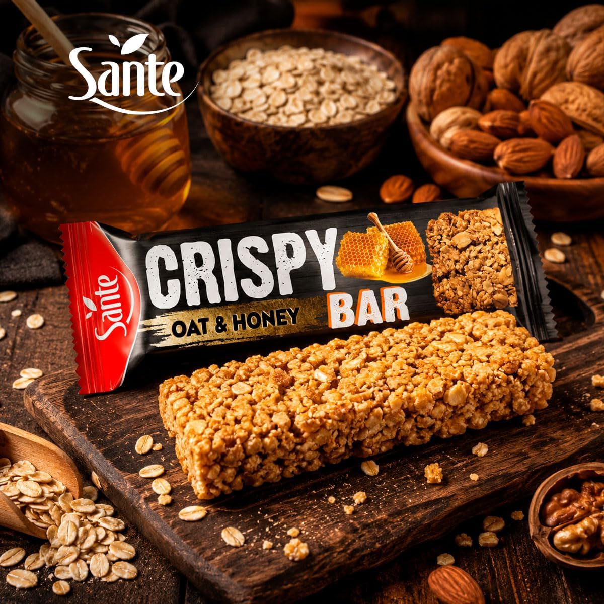 Sante Crispy Bar Baton Owsiany z Miodem, Chrupki Granola, 61% Pełnoziarniste Płatki Owsiane, 40g, Zestaw 24 Sztuki