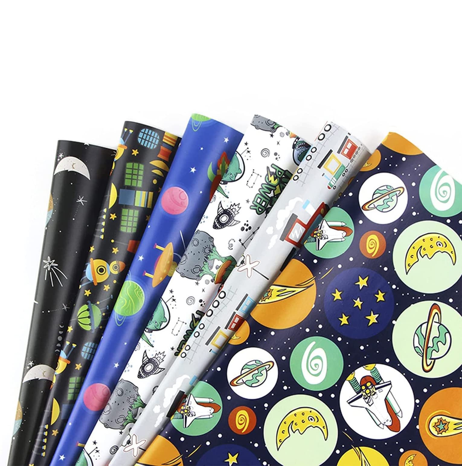 ELECDON12 Sheets Cartoon Birthday Wrapping Paper for Kids Gift Wrap Paper Bundle 19.7 X 27.6 in Per Sheet with Stripes Stickers for Party Baby Shower and Craft (Alien Outer Space Dinosaur Car)