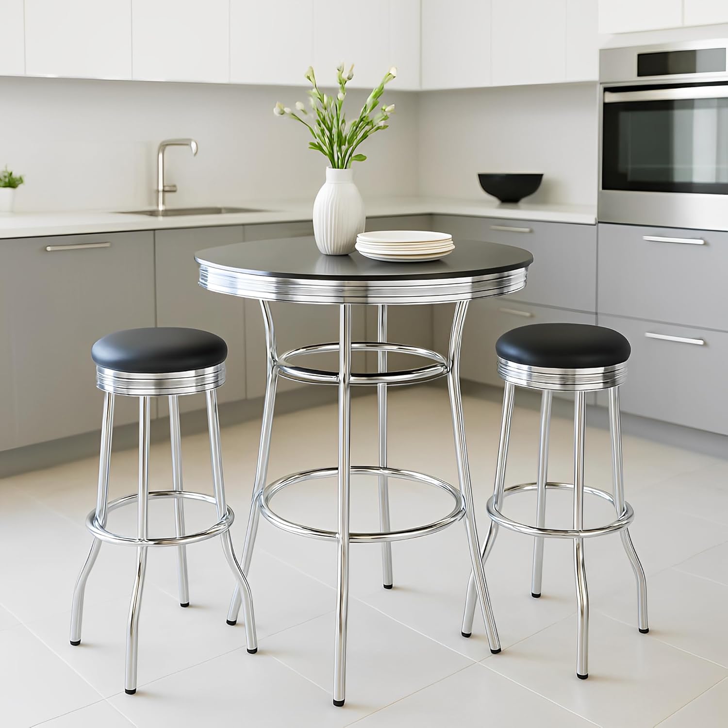 CARTESIAN Retro Round Bar Height Bistro Table, 30" Diameter, Black Top with Chrome Trim, Soda Fountain Style