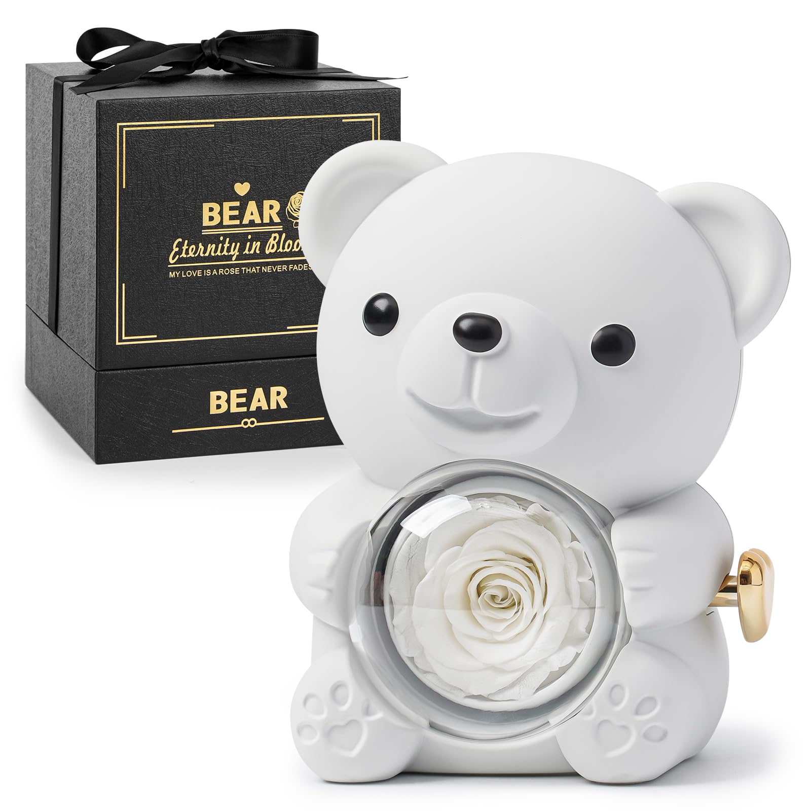 Preserved Rose Teddy Bear – Real Rose in Elegant Gift Box – Romantic Gift for Her – Perfect for Mother’s Day, Anniversary, Wedding, or Bridal Shower (White)