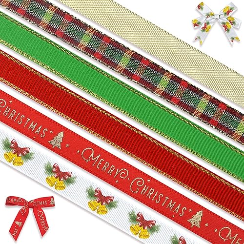 6 rollos de 30 yardas de cinta de Navidad de 38 pulgadas, cintas de grogrén con purpurina de Navidad de búfalo verde y rojo, cintas de malla para