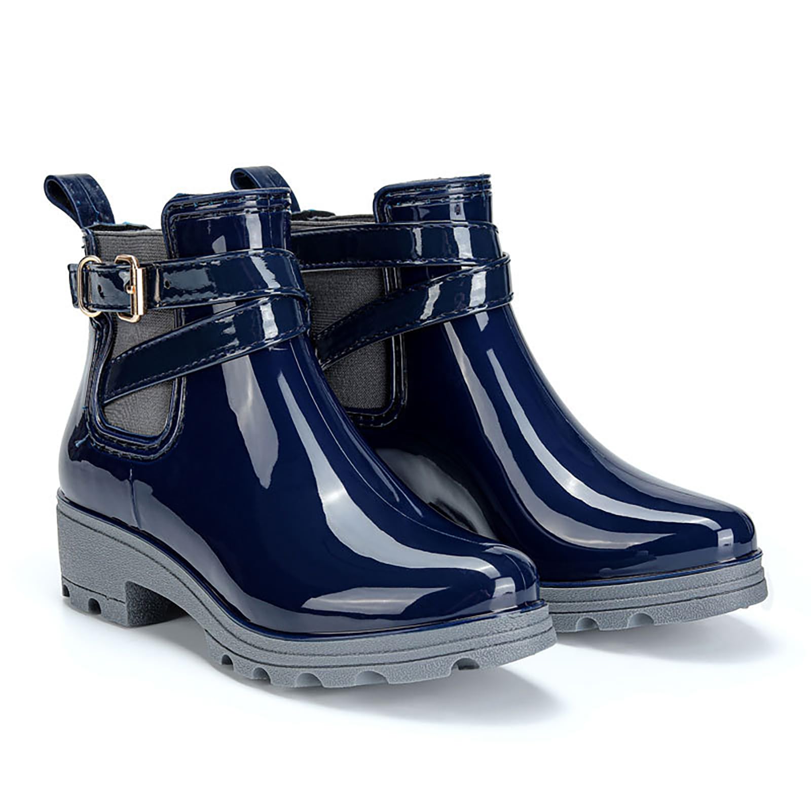Womens PVC Platform Lug Sole Ankle Rain Boots with Buckle Comfort Pull on Elastic Band Chunky Heel Anti-slip