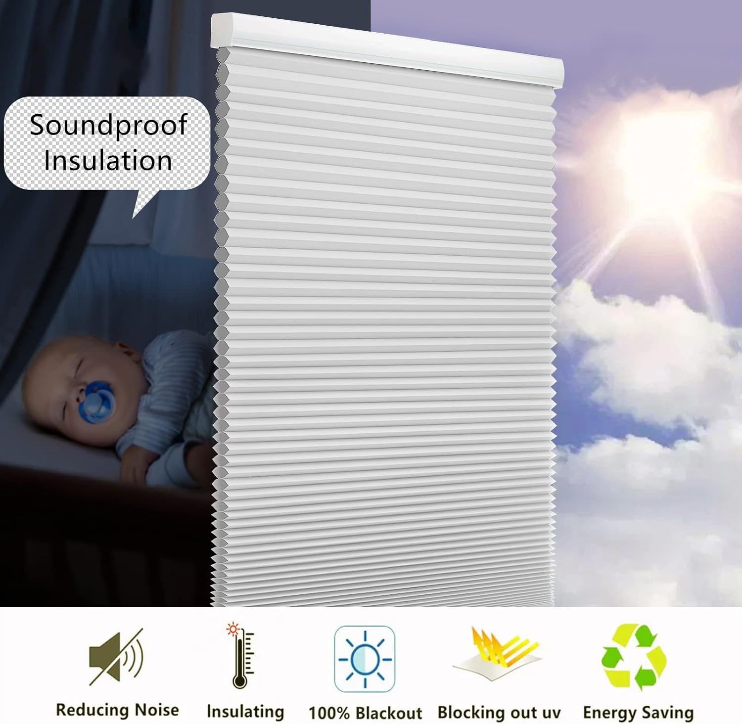 MaKefeile Blackout Cordless Cellular Shades 27" W x 64" H Honeycomb Pleated Shade Insulation Room Darkening Blinds for Home Bedroom Living Room Windows Easy to Install White