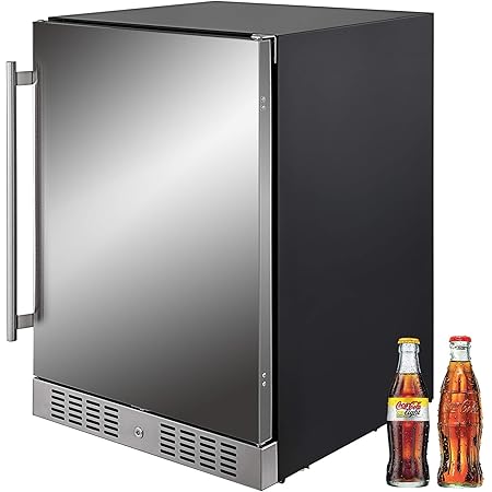 VEVOR 24'' Built-in Beverage Cooler 5.5 cu.ft. Small Reversible Door Refrigerator 142 Can Beer Fridge for Home Bar Office Commercial Outdoor Indoor Use, 150L, Black & Silver