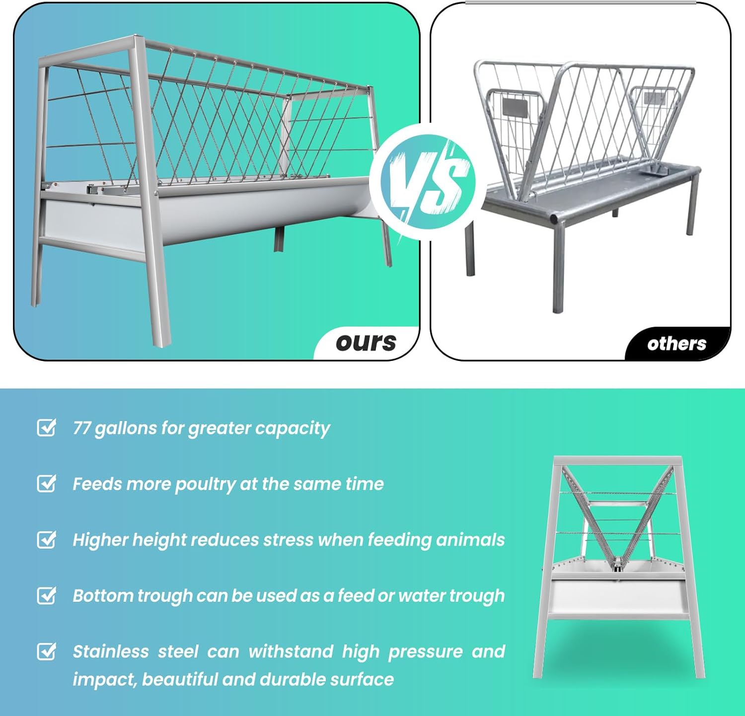 Livestock Hay Feeder 77 Gallon - Goat Feeder Stainless Steel Frame with Large Capacity, Feeds 14 Goats Sheep, Farm, Pasture & Ranch Approved