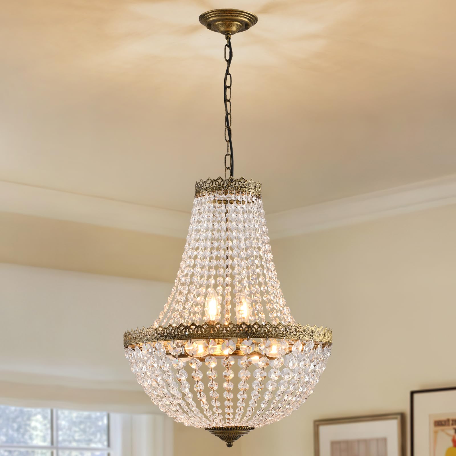 6 Lights French Empire Crystal Chandelier Farmhouse Pendant Lighting, Antique Brass Ceiling Light Fixture for Dining Room Bedroom Foyer Living Room, W18.5 x H25.6