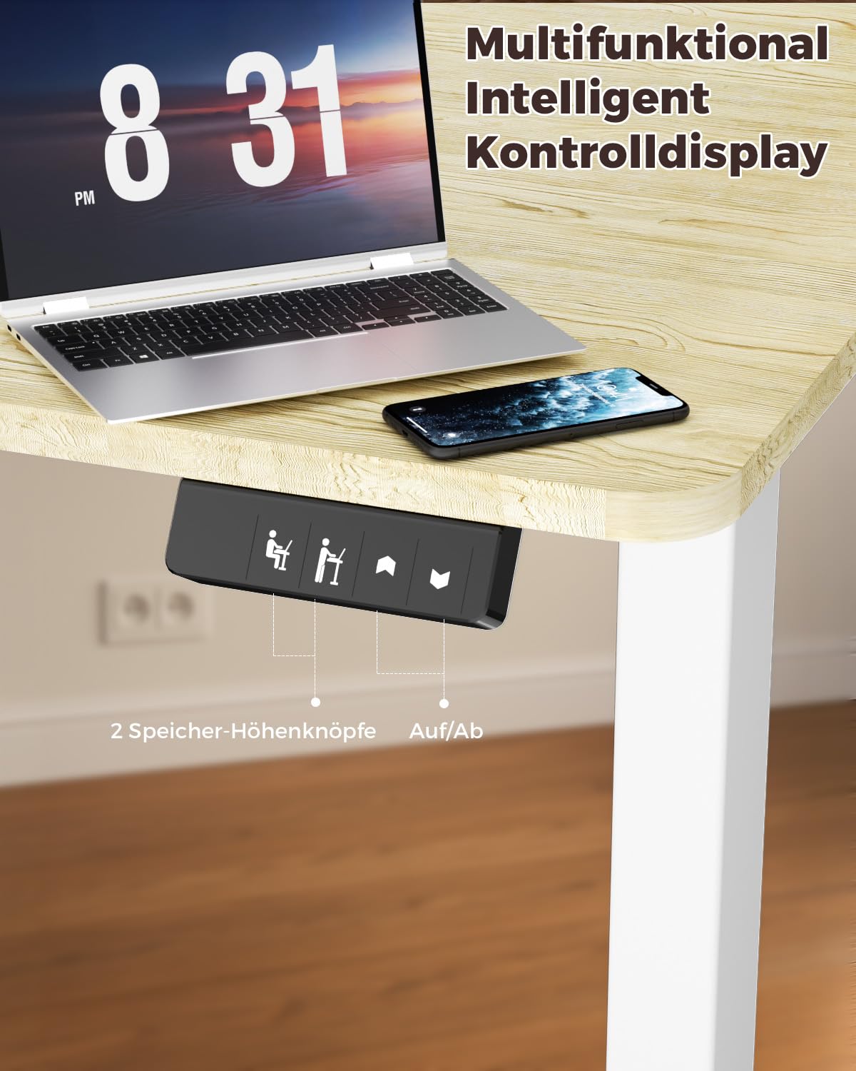 Höhenverstellbarer Schreibtisch, Schreibtisch Höhenverstellbar 100 x 60 cm, Memory Preset mit 2 Höhen, Einfache Montage, für Home Office, Arbeitszimmer und Spiele, Naturholz