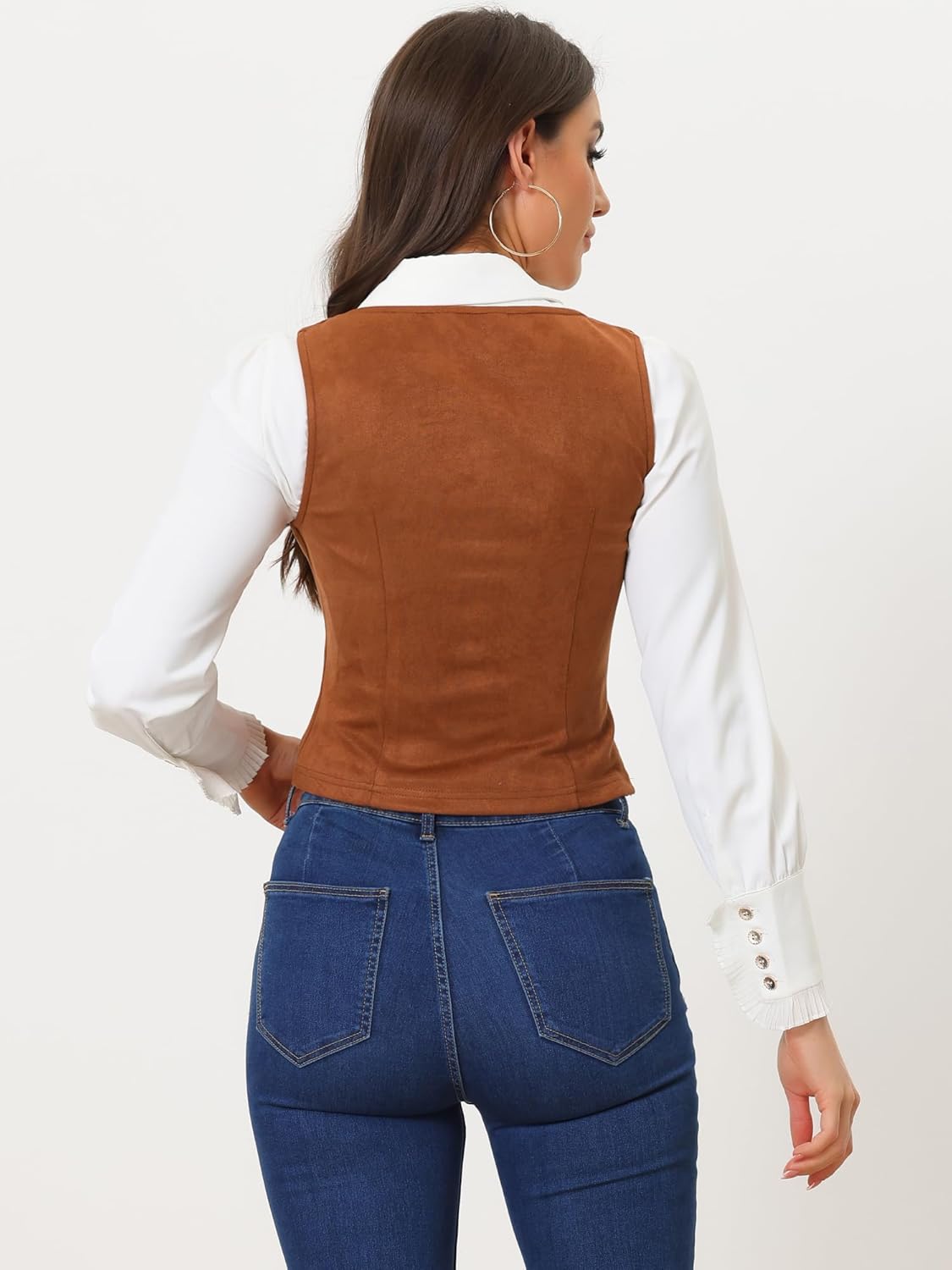 Allegra K Women's 2025 Vintage Faux Suede Vest Jacket Sweetheart Neck Sleeveless Lace Up Waistcoat Vest - Image 4