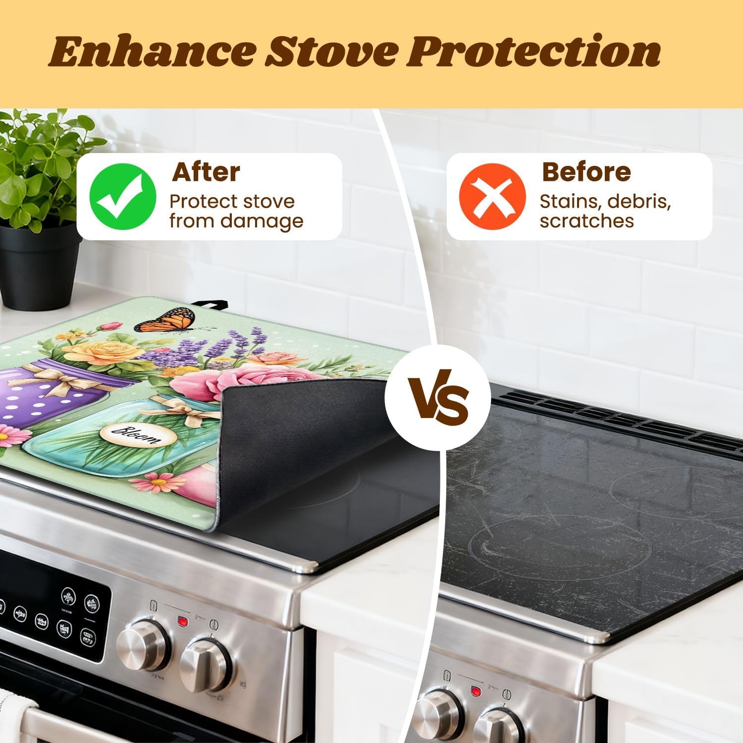 Stove Top Covers for Electric Stove 28"x20" Floral Butterflies Lavender Roses Home Decorative Flowers Jars Ribbons Glass Cooktop Cover Protector Heat Resistant Protector Mat for Kitchen Home Decor