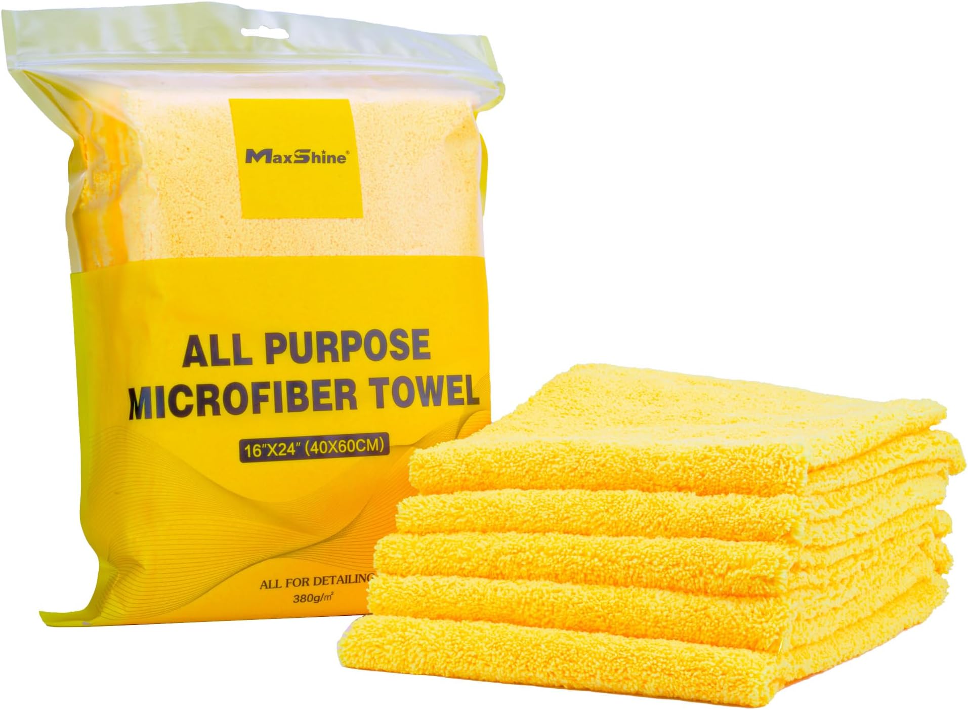 Maxshine 16" x 24" Universal 5-Piece Professional Edgeless Microfiber Towel Set – 380GSM Extra Absorbent & Ultra Plush – Premium Towels for Car Wash, Home Cleaning & Pet Drying