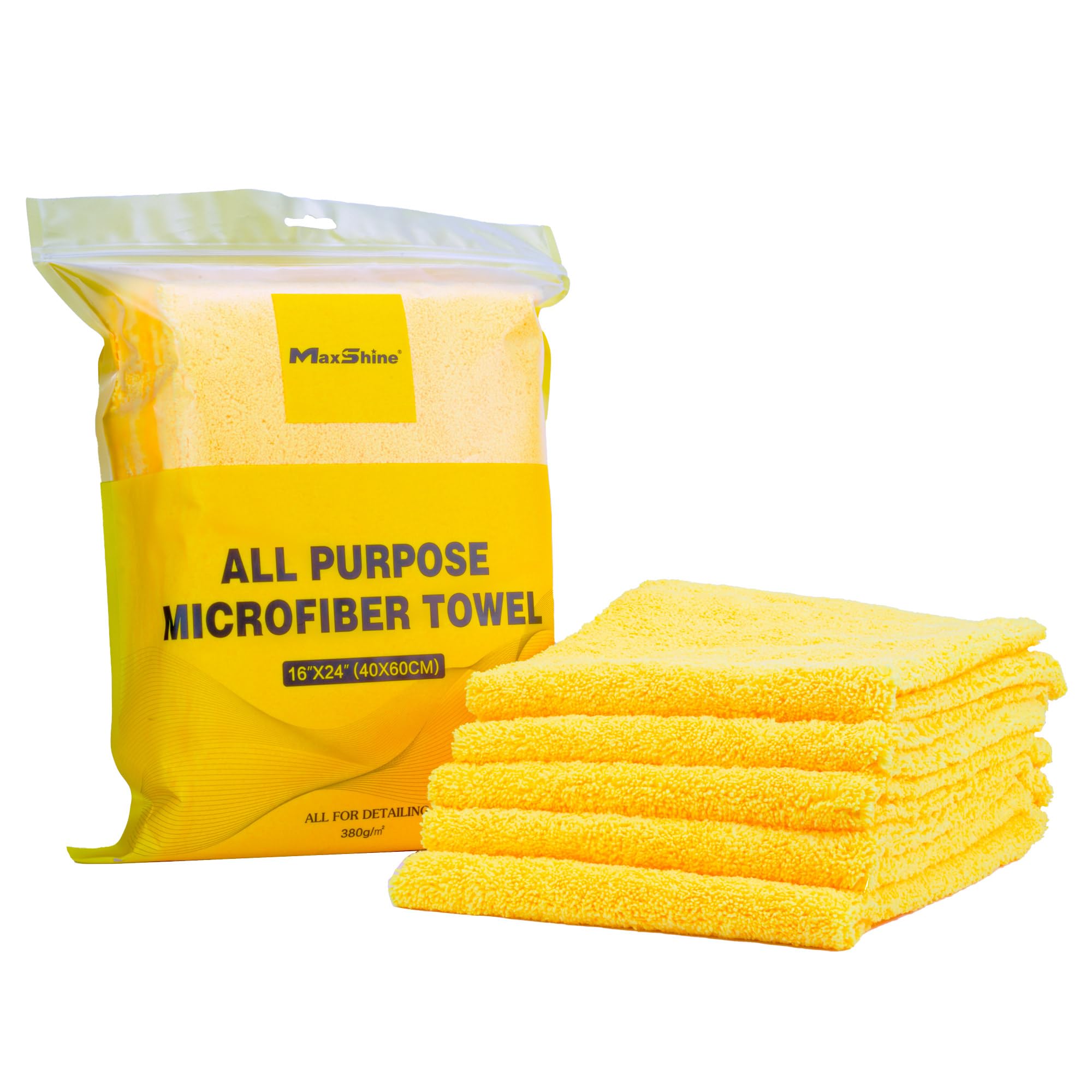 Maxshine 16" x 24" Universal 5-Piece Professional Edgeless Microfiber Towel Set – 380GSM Extra Absorbent & Ultra Plush – Premium Towels for Car Wash, Home Cleaning & Pet Drying