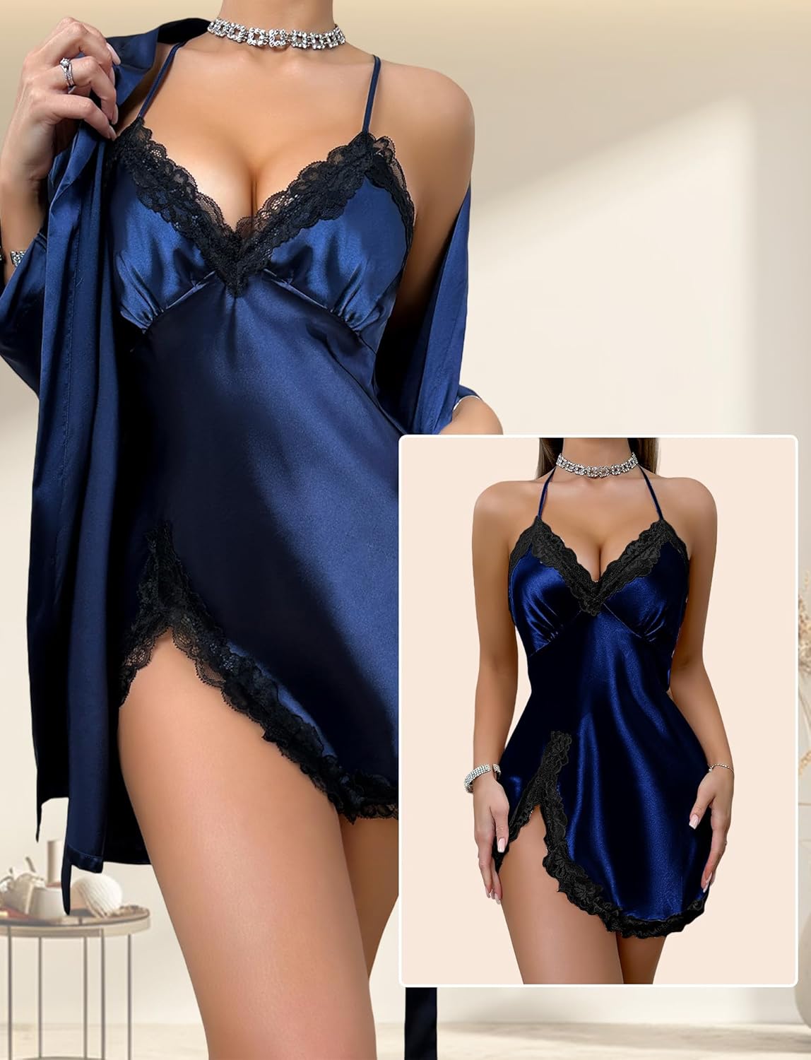 SEAUR Women's Satin Robe Set 2 Piece Silk Pajamas Sets Lace Cami Nightgown with Kimono Robes Nightwear - Image 2