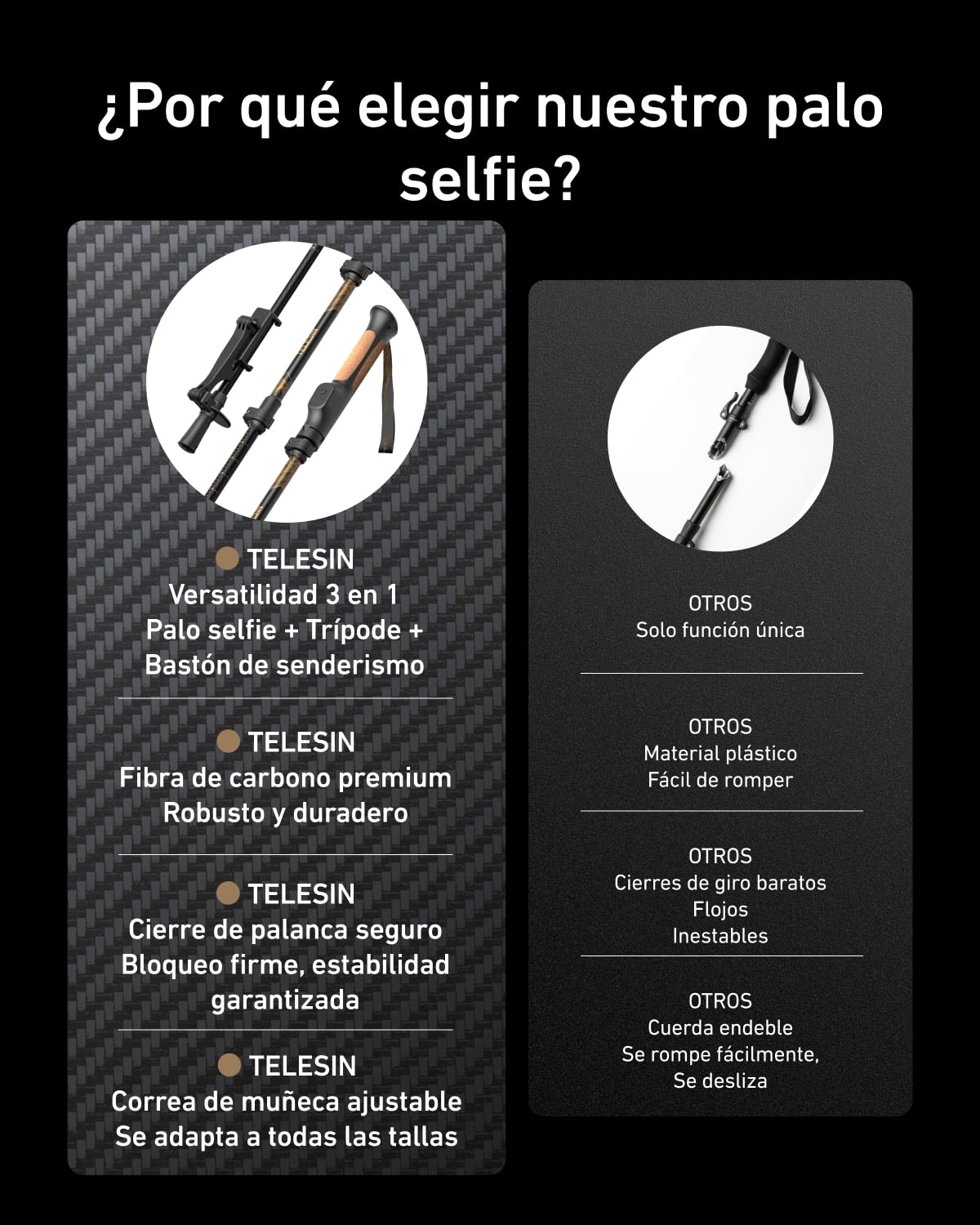 TELESIN TrekShot 3 en 1 Palo Selfie Trípode de Fibra de Carbono