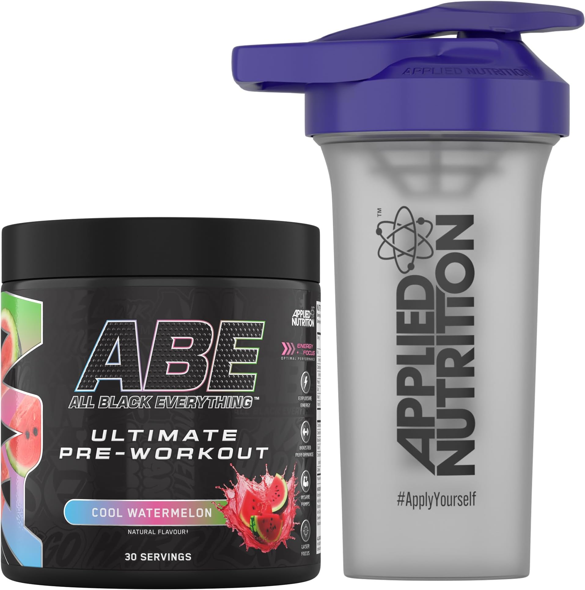 Bundle ABE Pre Workout 375g + 700ml Protein Shaker | All Black Everything Pre Workout Powder, Energy & Physical Performance with Creatine, Beta Alanine (Cool Watermelon)