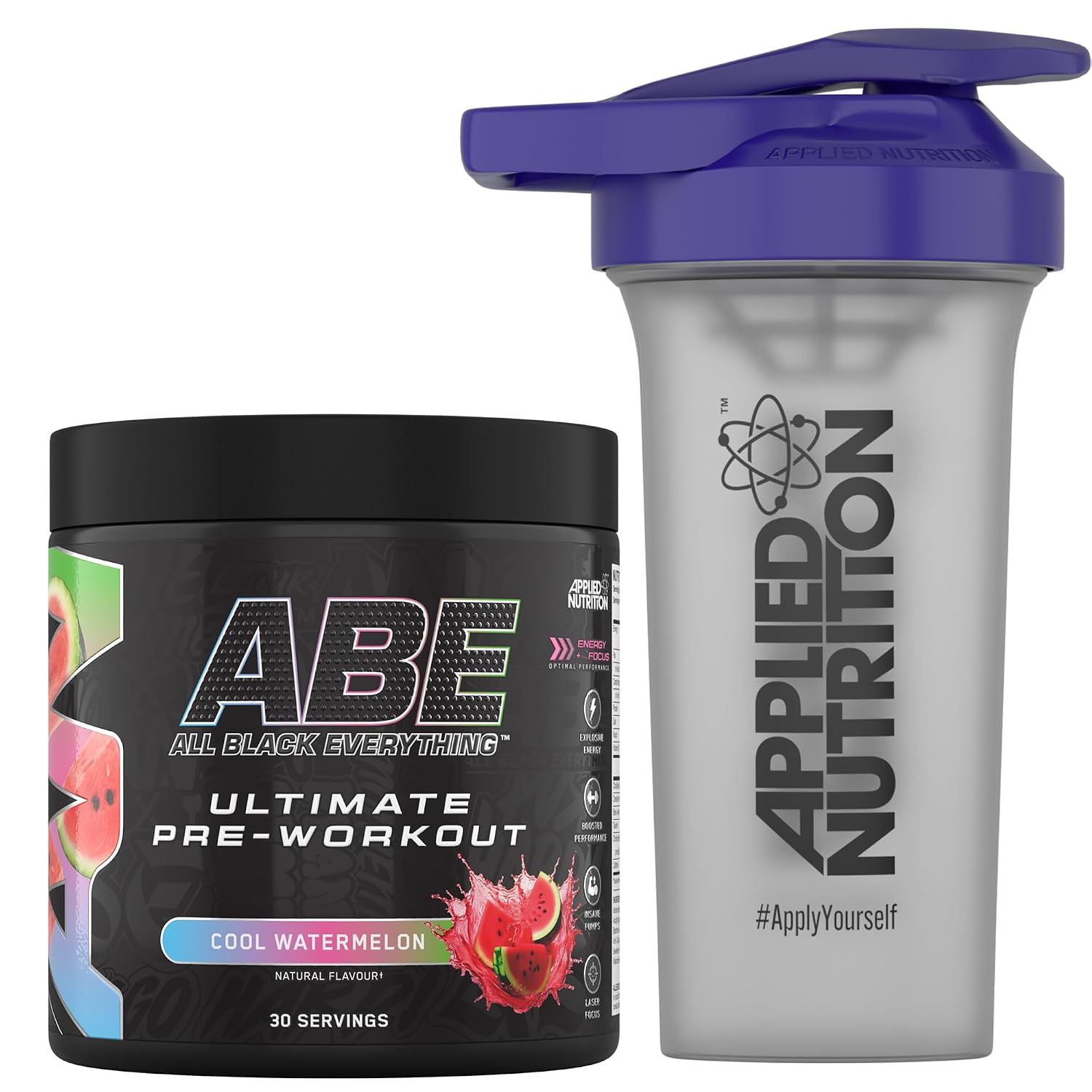 Applied Nutrition Bundle ABE Pre Workout 375 g + 700 ml Protein Shaker All Black Everything Pre Workout Powder Energy & Physical Performance with Creatine Beta Alanine Cool Watermelon