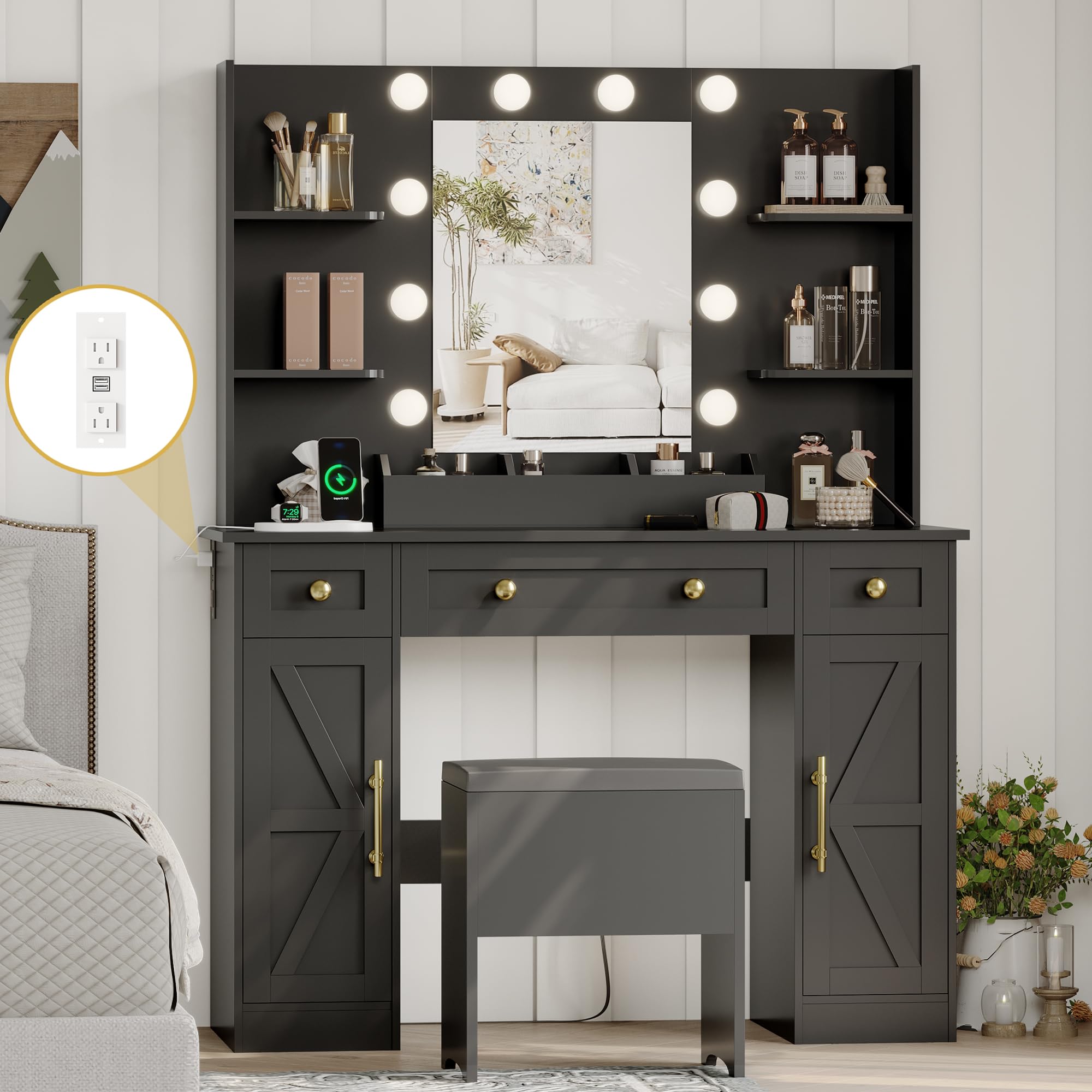 Vanity Makeup Desk with Mirror and Lights, Farmhouse Vanity Table Set with Storage Drawers, Charging Station & Chair, 43" Large Rustic Dressing Table, 3 Lighting Modes for Women Girls Bedroom, Black