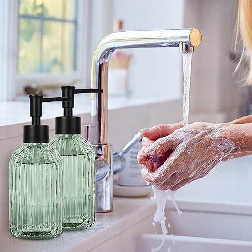 Miniatura 9 de Paquete de 2 dispensadores de jabón de vidrio con bomba de plástico, botellas dispensadoras de jabón líquido recargables de 13.5 fl oz/13.5 oz para