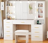 ANWBROAD 49.2" White Vanity Desk with Lighted Mirror, Glass Top, 8 Drawers, Power Outlet & Stool - UBDT88W