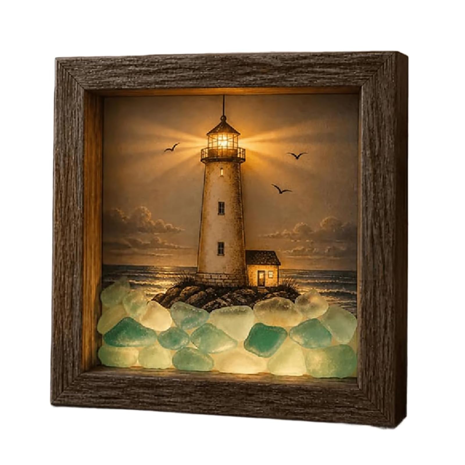 KIEYIQE Coastal Lighthouse Sea Glass Shadow Box Night Light - Beach Sea Glass Frame Box Wall Decor, Coastal Lighthous Lamp Decor for Bedrooms, Living Rooms, Reading Corners (C)