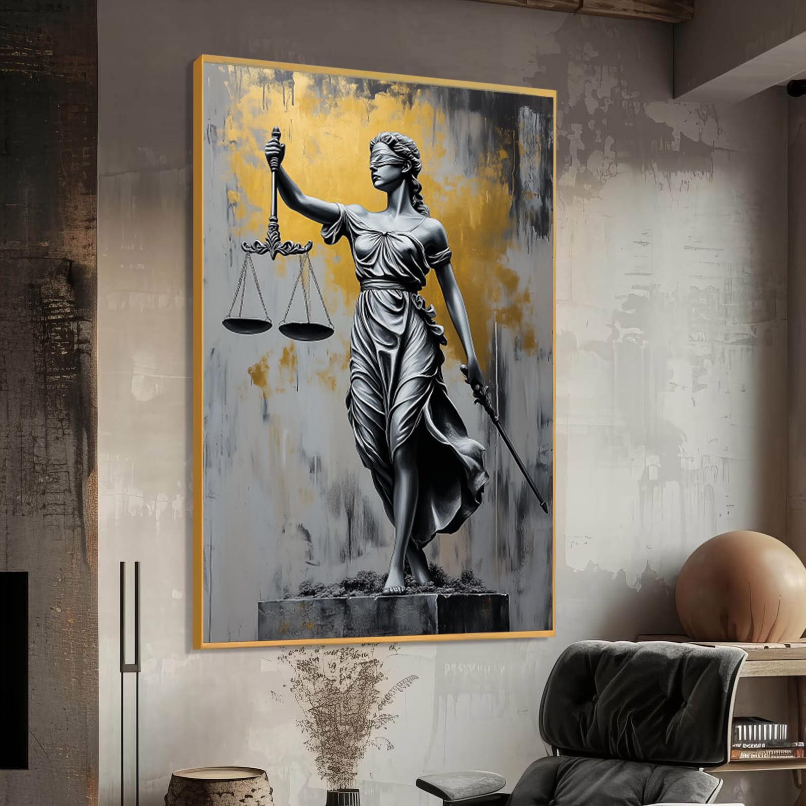 Lady Justice Canvas Wall Art, Lady Justice Canvas Painting, Themis Justitia Canvas Print, Scale of Justice Wall Art, Modern Framed Wall Art, Law Firm Wall Hangings, Home Office Wall Decor (Gold Framed, 24"x36"|62x92cm)