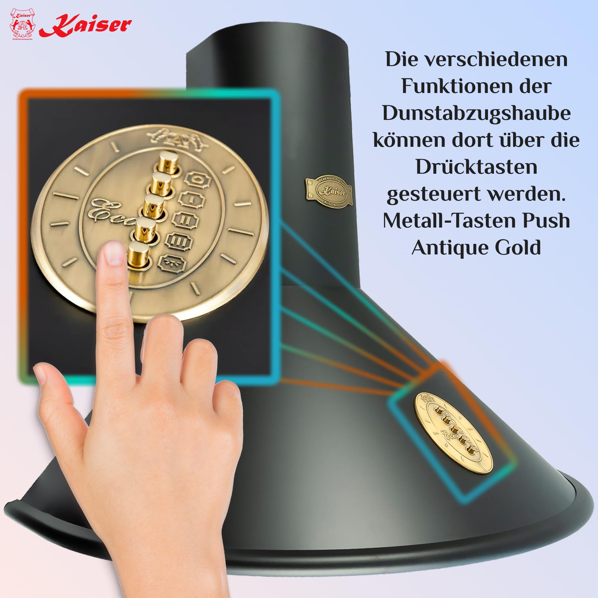 Kaiser 9423 Be Rétro Hotte aspirante murale 90 cm,Hotte murale, Luxe fabricant Kaiser, 3 vitesses .910m³/h,Eclairage LED, Hotte, Timer,Gagnants German Brand Award 2018,Hotte cheminée