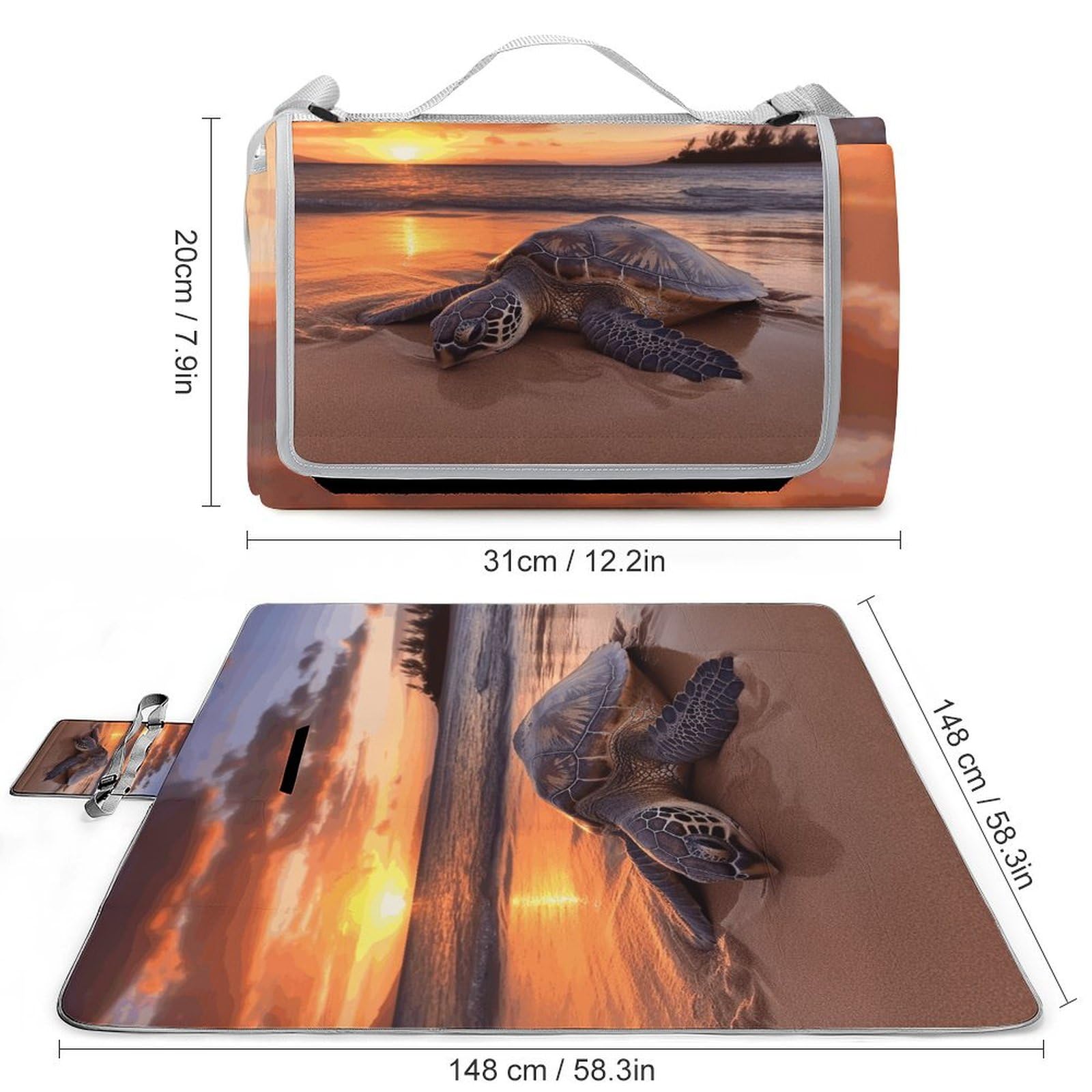 Picnic Blankets,Sea Turtle Sunset Print Square Picnic Mat,Portable Picnic Blanket,Foldable Compact Beach Blanket for Camping,Park,Travel
