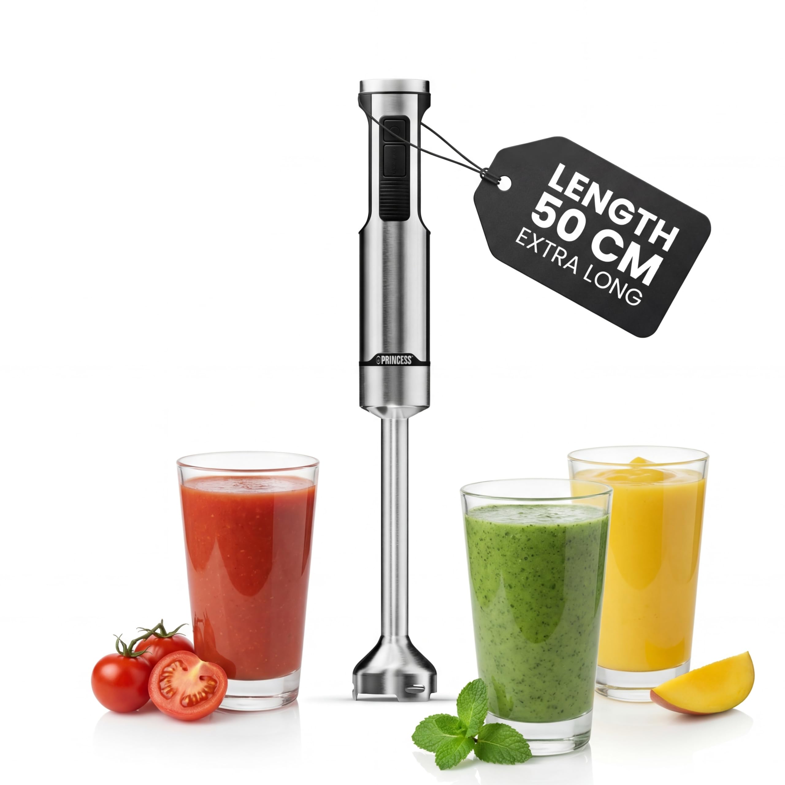 Princess Prof XXL Stainless Steel Hand Blender, 1500W, Extra Long Arm 50 cm, 5 Speeds + Turbo, 4 Blades, Cup with Non-Slip Lid, Dishwasher Safe, 221233