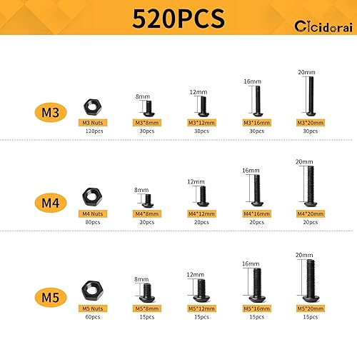 Miniatura 2 de Cicidorai 520 piezas M3 M4 M5 de acero de aleación de grado 12.9, tornillos de cabeza hexagonal, tornillos y tuercas de cabeza de enchufe negro, kit