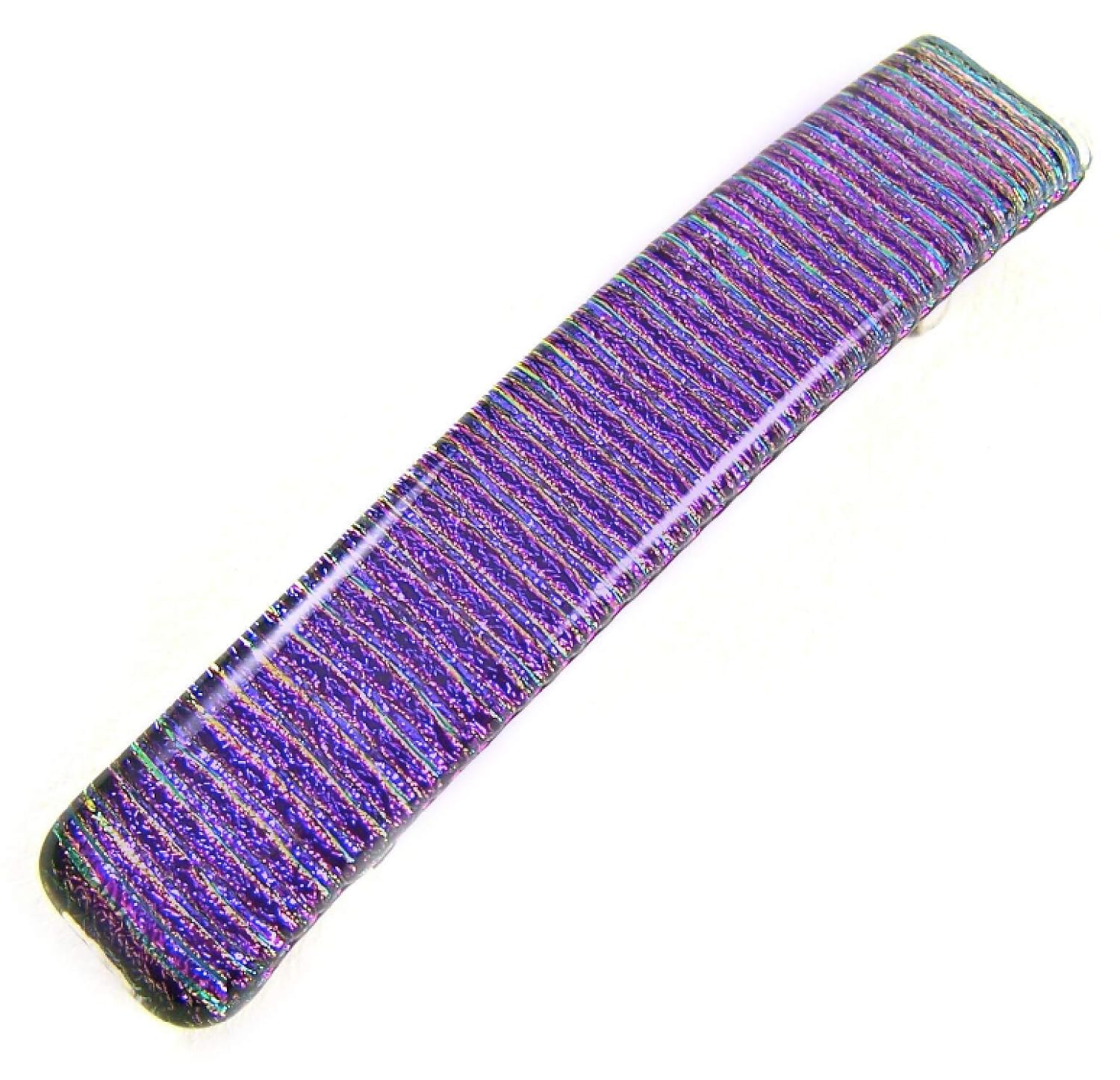 Dichroic Glass Hair Barrette - Large 3.5" / 90mm - Purple Violet Plum Amethyst with Hints of Teal Green Striped Reed Lines Slide Clip Hair Accessories
