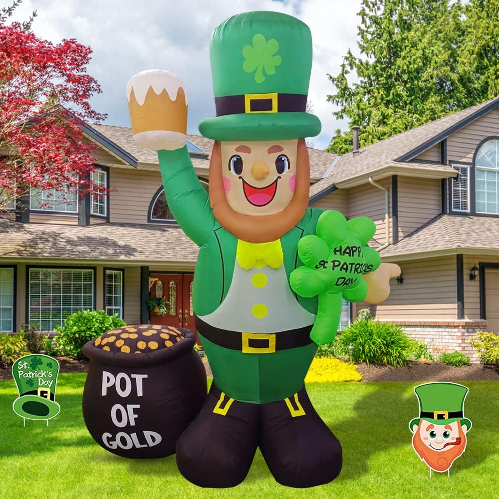 ReeYee 8 FT St.Patrick's Day Inflatable Decoration Leprechaun Holding Shamrock and Beer, Pot of Gold and Leprechaun, LED Lights Blow Up Yard Decoration for Holiday Party, Outdoor, Garden, Yard Lawn : Patio, Lawn & Garden