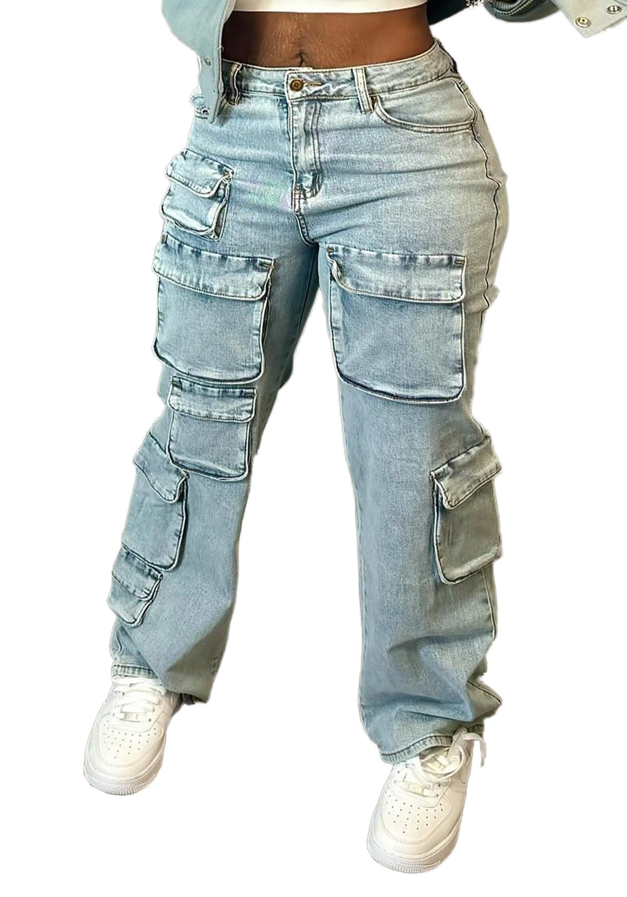 Cargo Jeans for Women Y2K High Waisted Baggy Jeans Straight Wide Leg Cargo Pants Streetwear