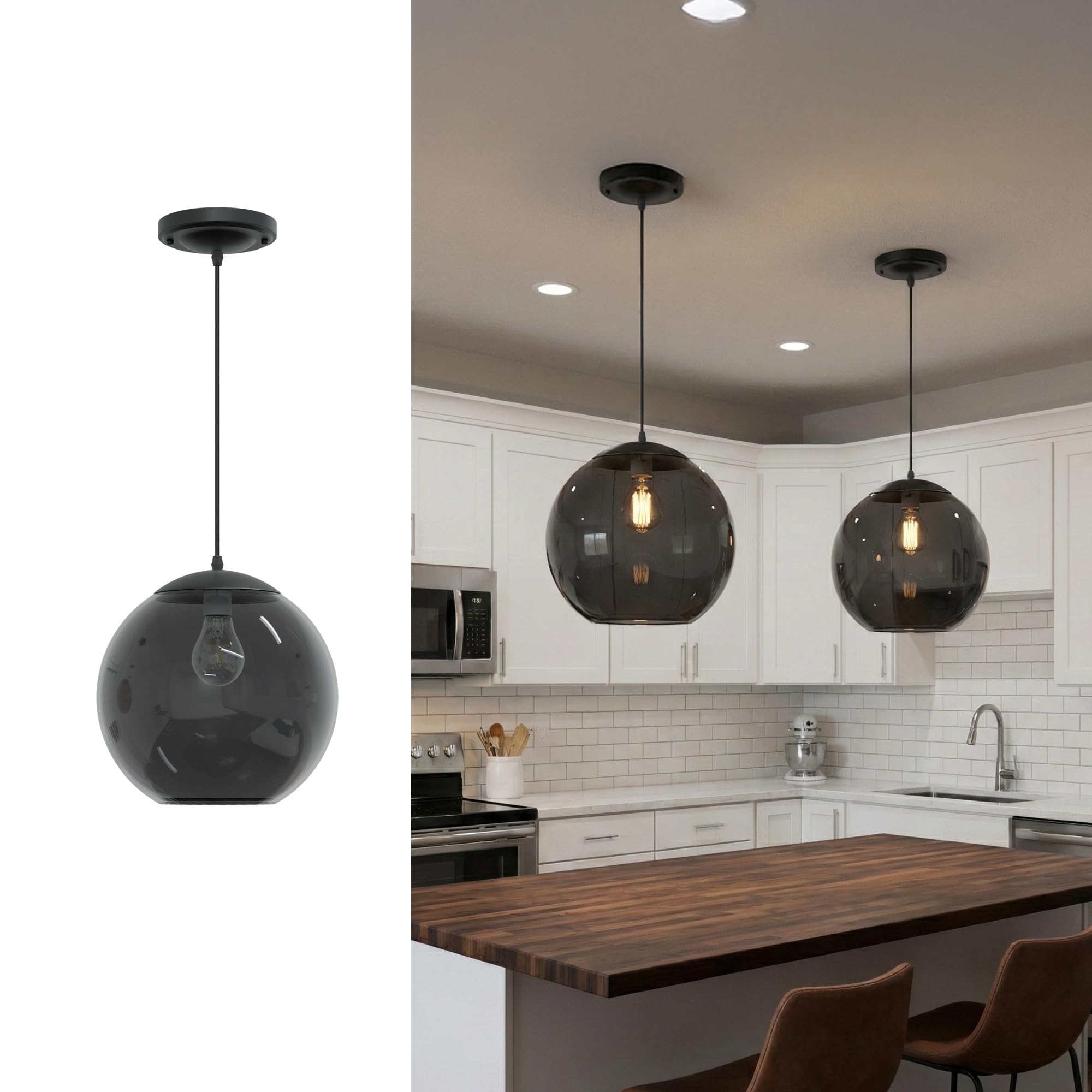 KASTLITE 10 Acrylic Globe Pendant Light Fixture 8W 3000K Filament LED Bulb Ceiling Mount - Kitchen Pendant Lighting